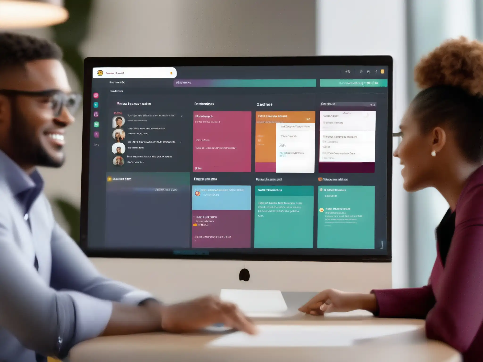 Equipo profesional colaborando en proyecto con Slack Equipo colaborando en Slack, gestión de proyectos eficiente y profesional