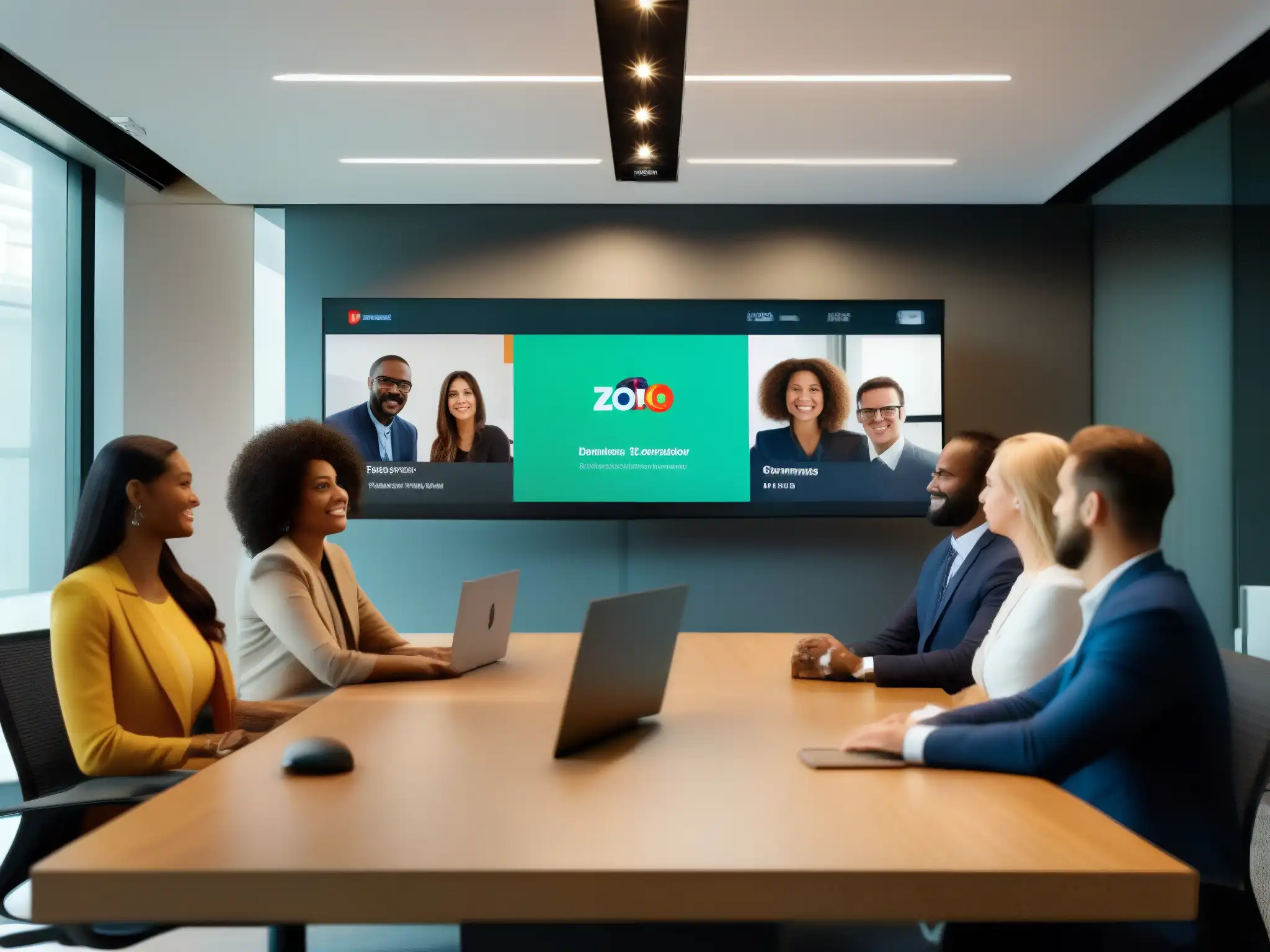 Equipo PYME eficiente en videoconferencia con Zoho Meeting Equipo de PYMES integrando Zoho Meeting con CRM, en una oficina moderna, productiva y colaborativa