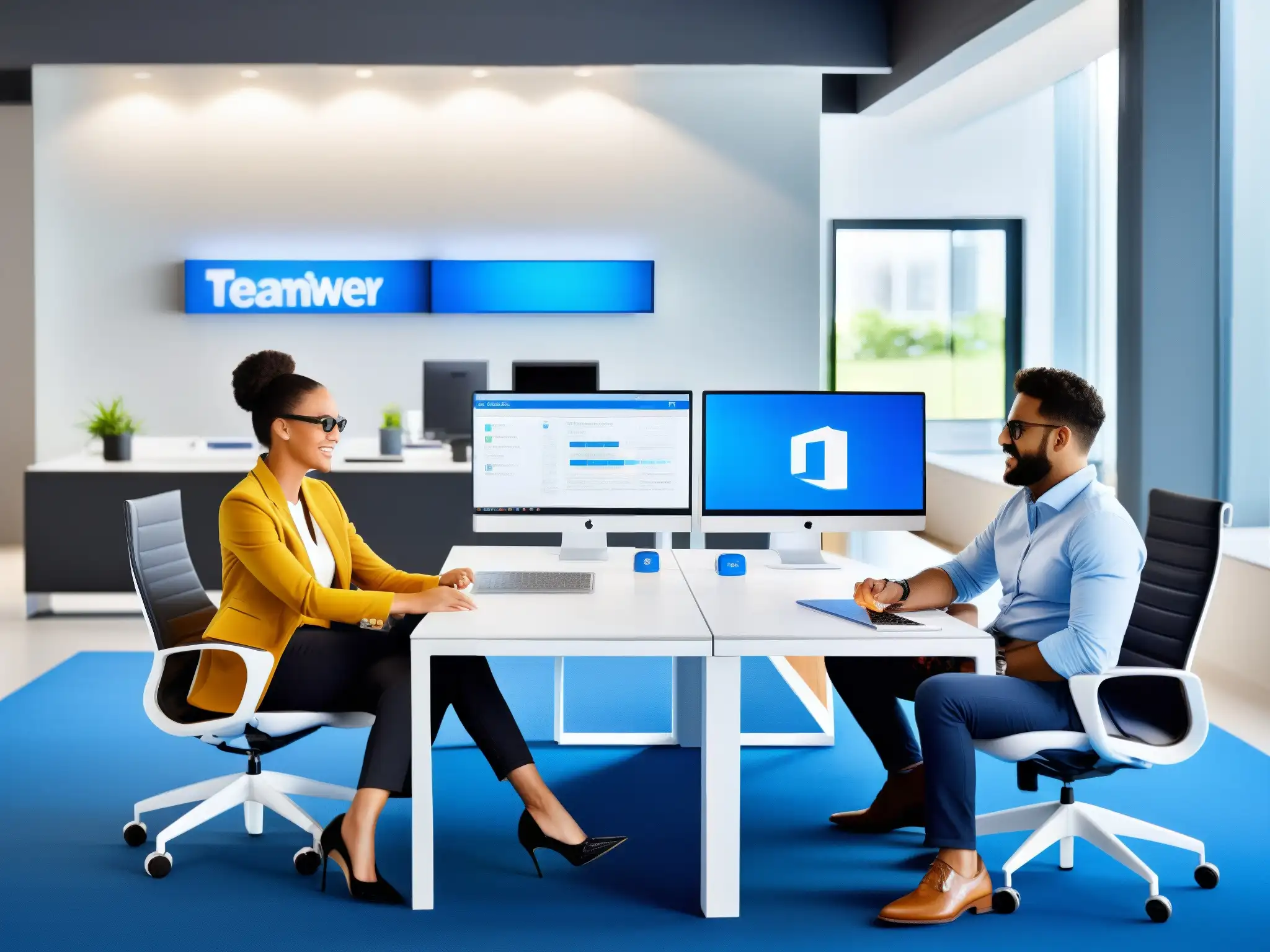 Equipo de negocios colabora con TeamViewer en moderna oficina Equipo de PYMES colaborando en una oficina moderna con TeamViewer para análisis eficiente