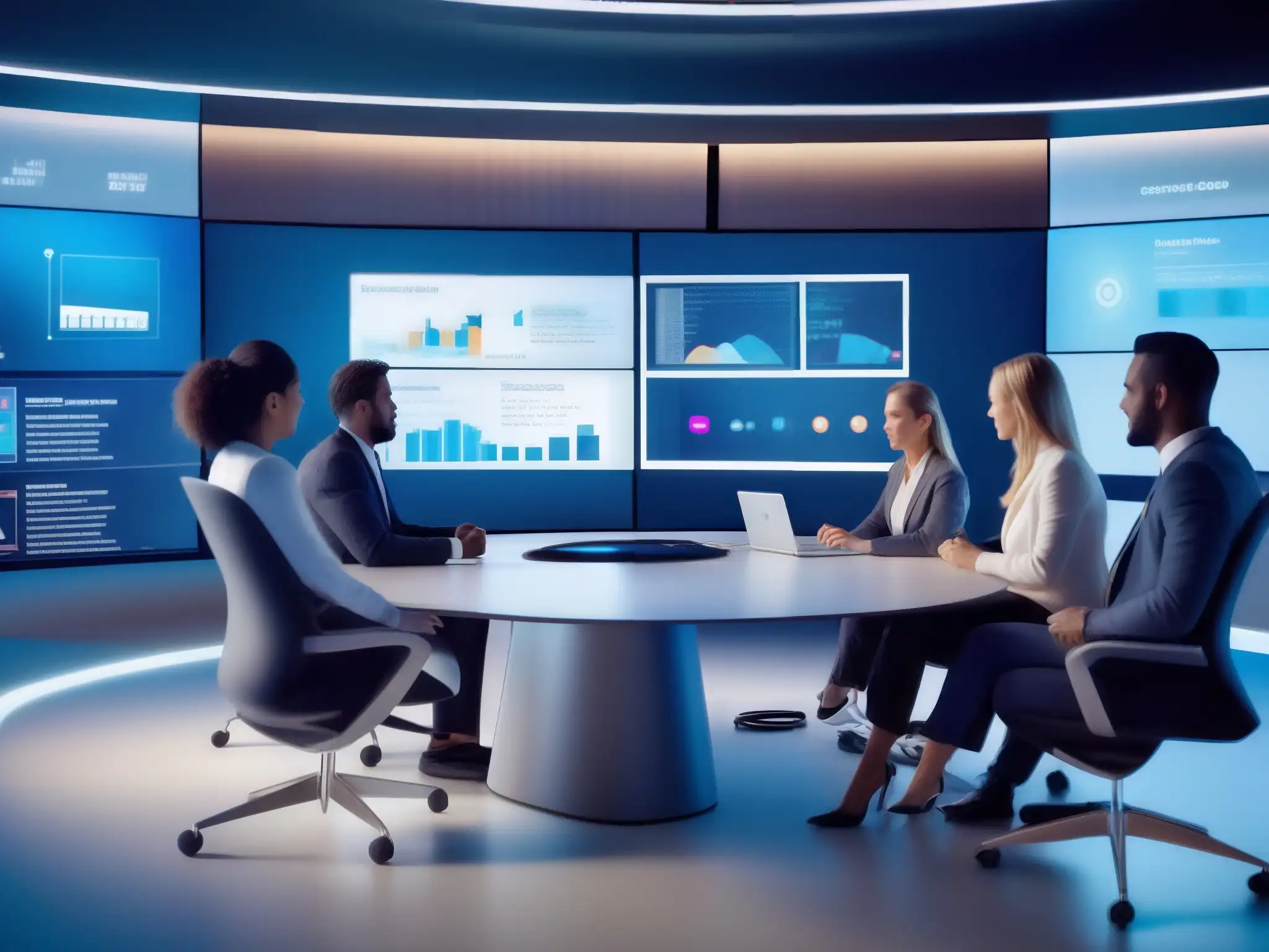 Sala de reuniones virtuales futurista con equipo profesional colaborando Equipo colaborando en sala virtual moderna, rodeados de tecnología de vanguardia y mobiliario elegante