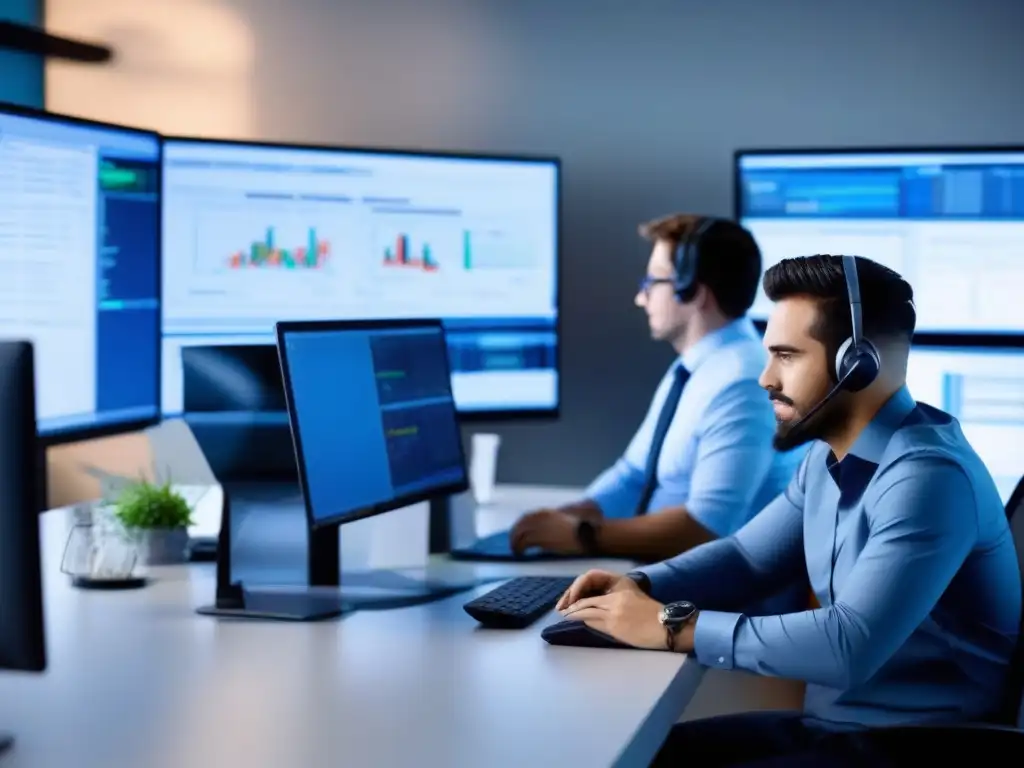 Equipo de soporte técnico moderno en acción Un equipo de soporte IT en una reunión eficiente y profesional usando TeamViewer Meeting para optimización