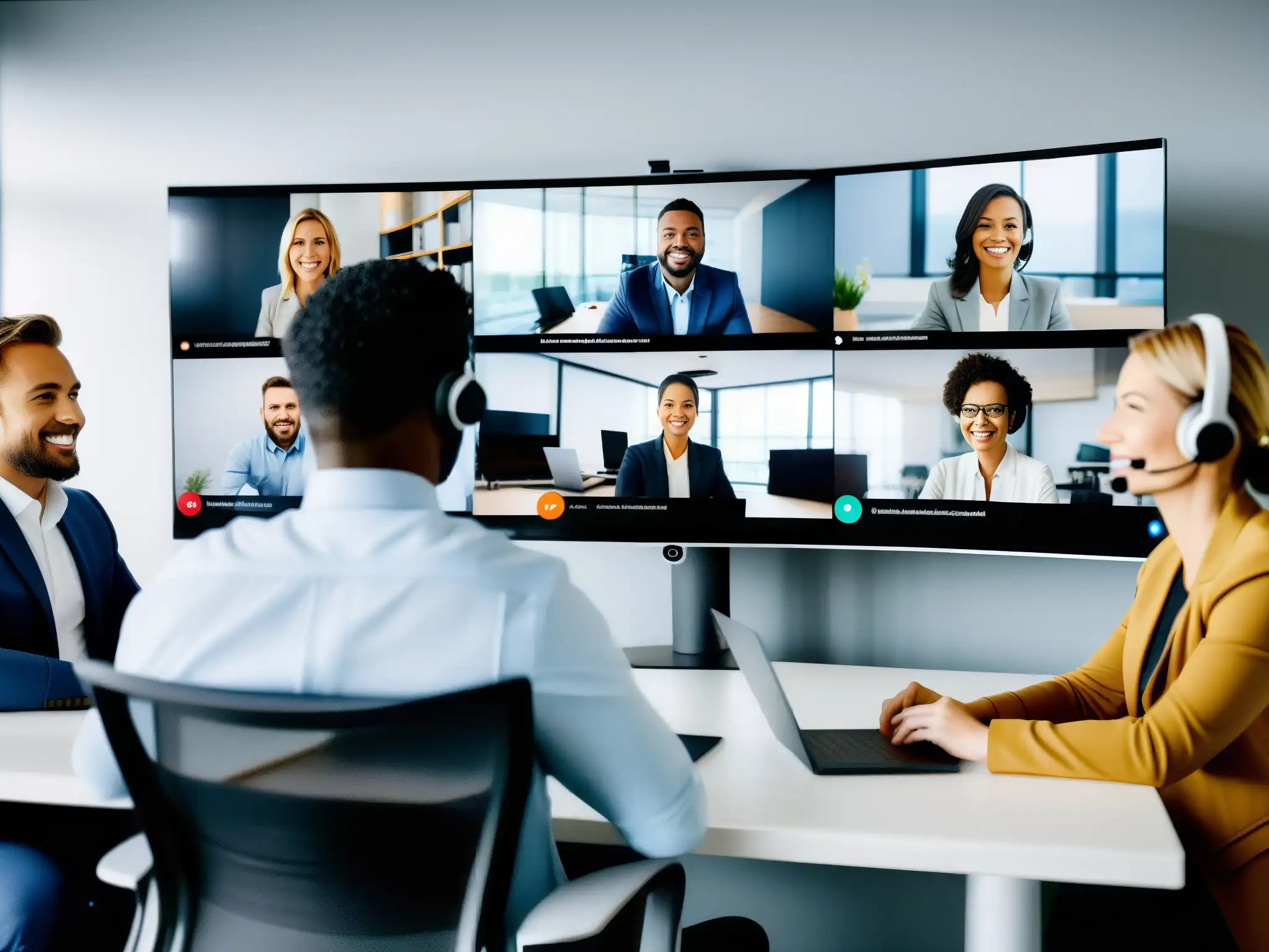 Equipo de soporte profesional en videoconferencia Un equipo de soporte profesional usando tecnología avanzada para videoconferencias