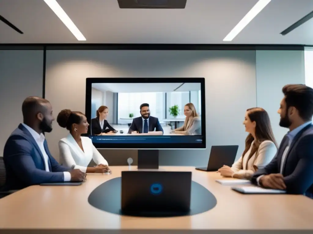 Equipo de Soporte Técnico en Videoconferencia Un equipo de soporte técnico profesional se reúne para una videoconferencia con un cliente