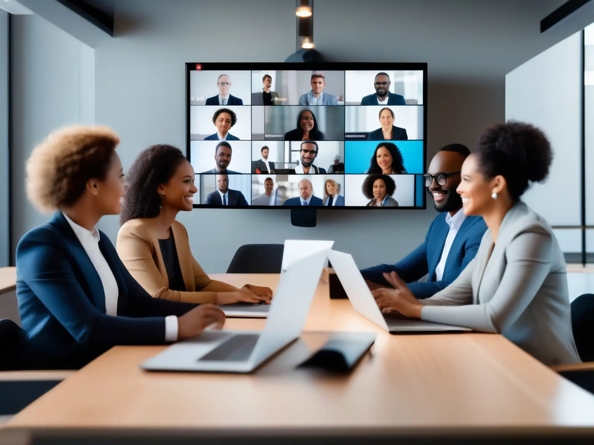 Reunión virtual eficiente y productiva de profesionales diversos Un equipo variado usa herramientas videoconferencia gestión proyectos para colaborar eficientemente en un entorno virtual