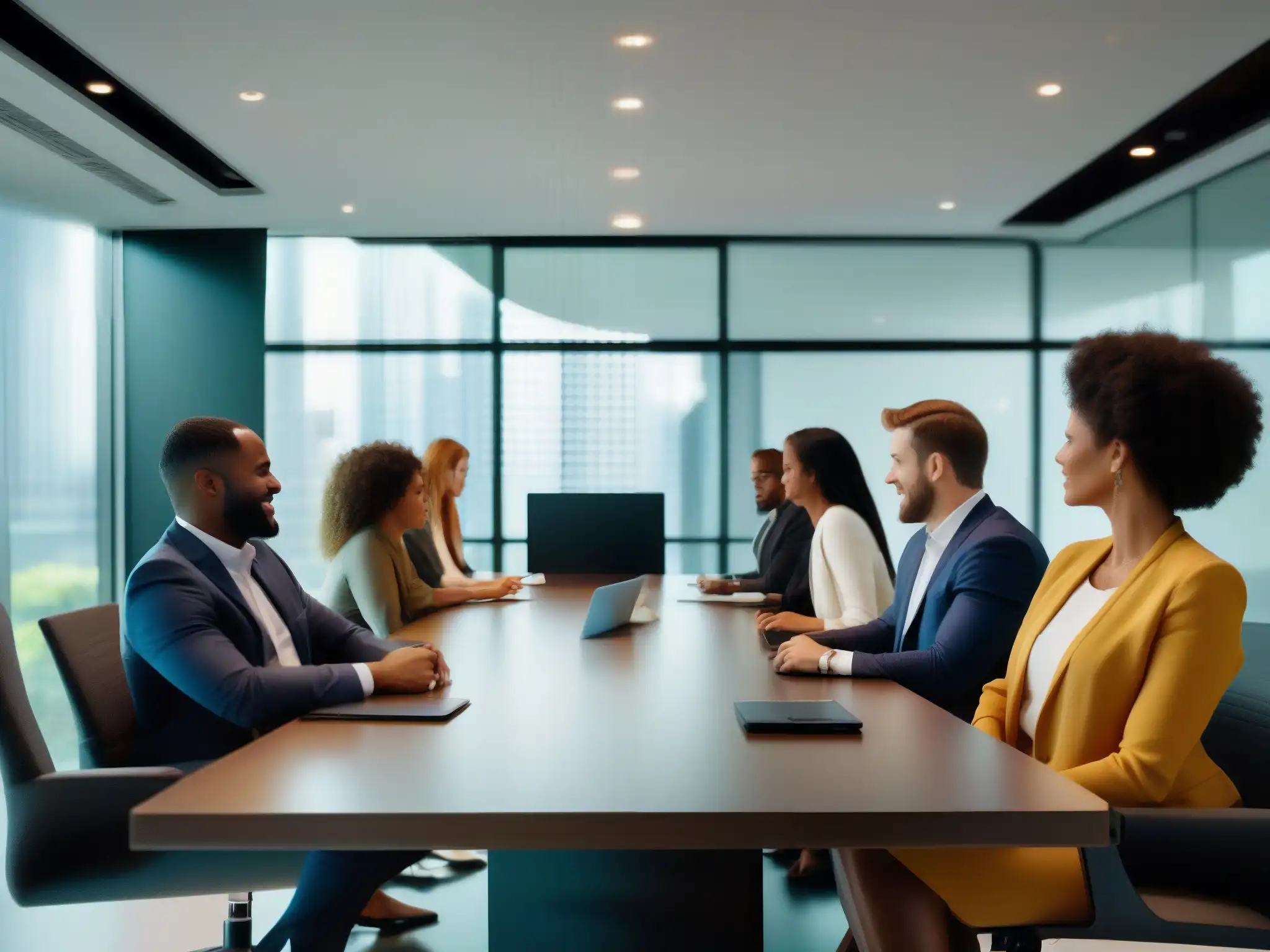 Reunión de Ventas: Comunicación Eficiente en Videoconferencia Un equipo de ventas profesional se reúne alrededor de una mesa de conferencias, participando en una videoconferencia con un cliente potencial