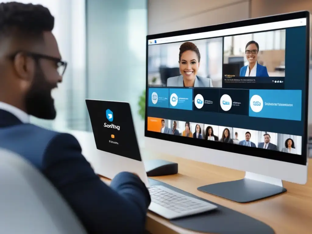 Videoconferencia de ventas integrando Salesforce y GoToMeeting Un equipo de ventas profesionales en una videoconferencia usando GoToMeeting e integrando datos de Salesforce CRM
