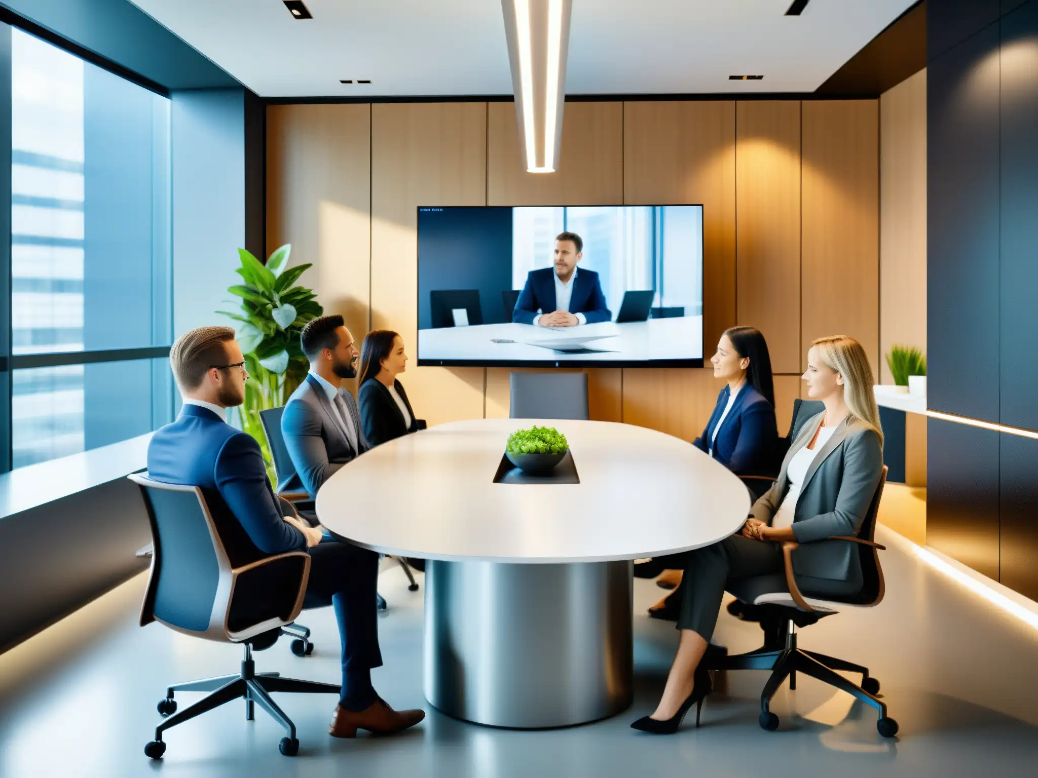 Equipo de ventas en videoconferencia: eficiencia y profesionalismo Un equipo de ventas profesionales participa en una videoconferencia en una oficina moderna y luminosa