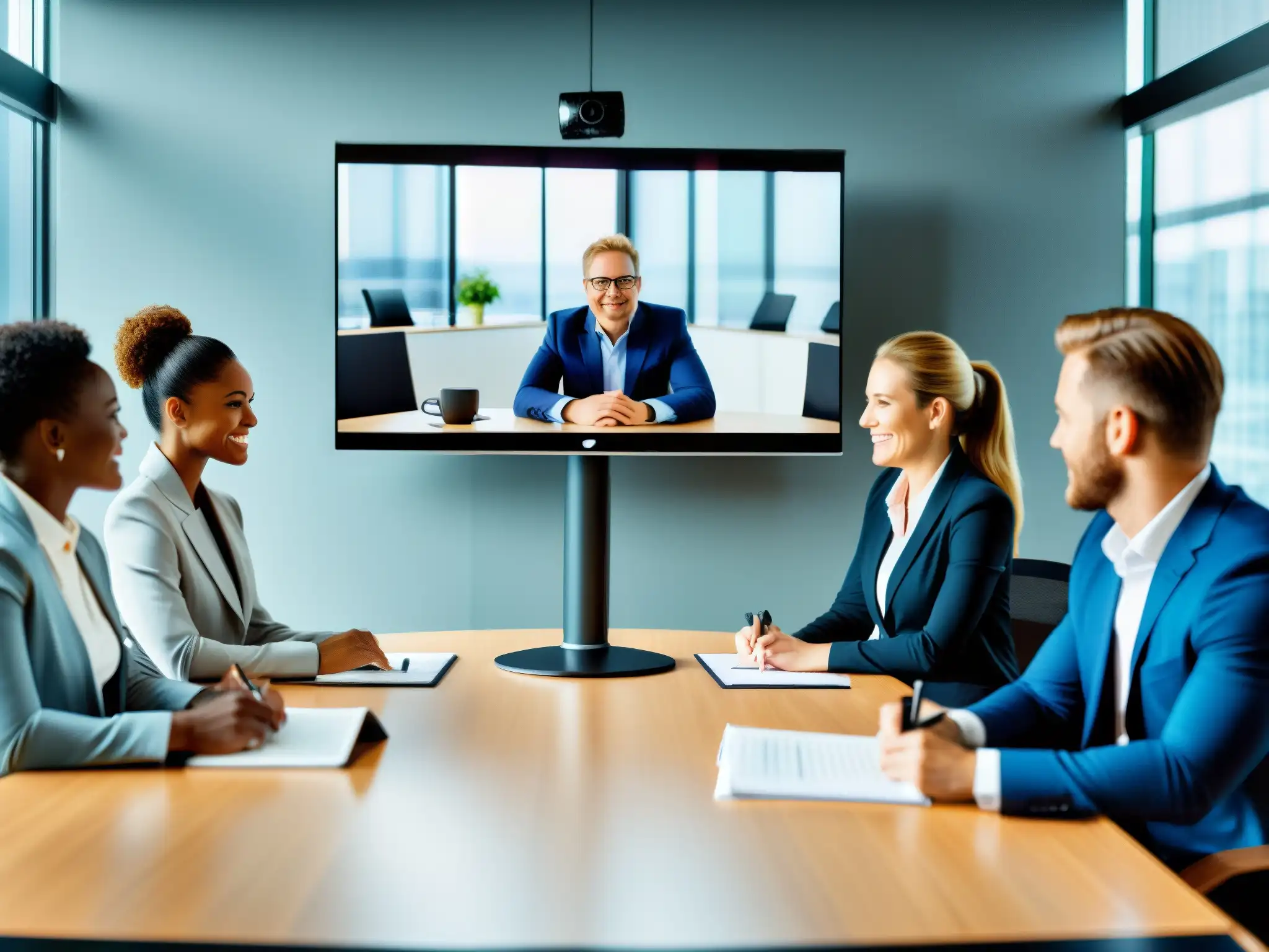 Venta exitosa: Equipo profesional cautiva a cliente en videoconferencia Equipo de ventas en videoconferencia con cliente satisfecho en plataforma clave para videoconferencias de ventas