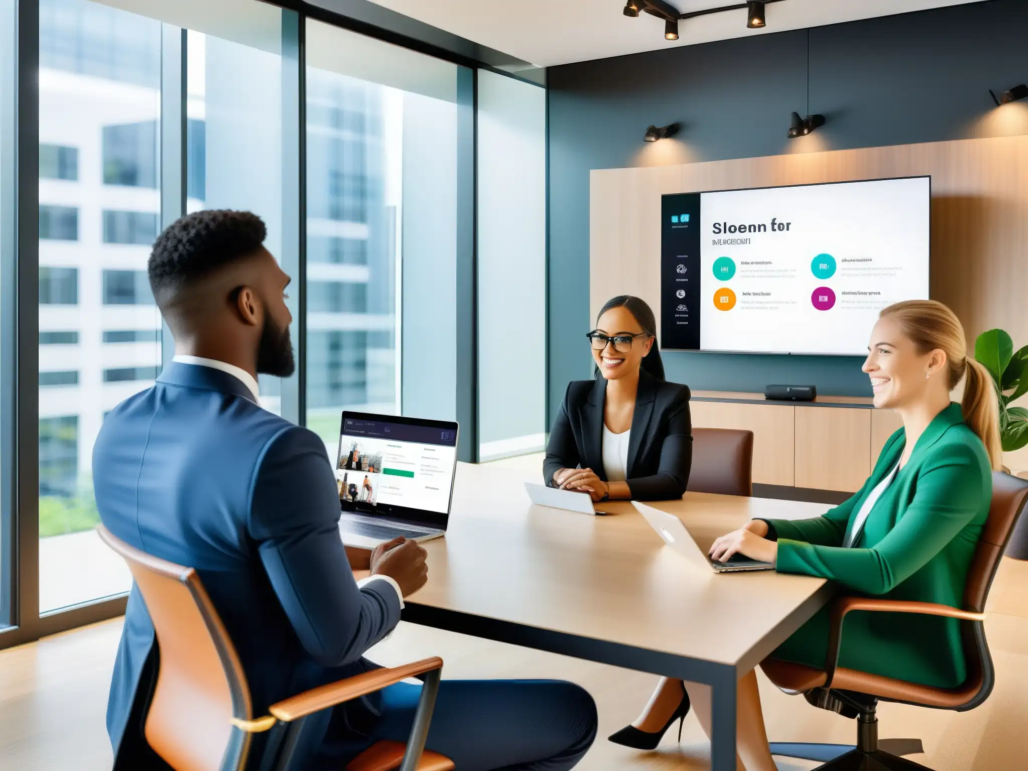 Oficina moderna: Vídeo conferencia con integración Slack-CRM Equipo de ventas en videoconferencia, integrando Slack con CRM para comunicación continua en un entorno de oficina moderno y eficiente