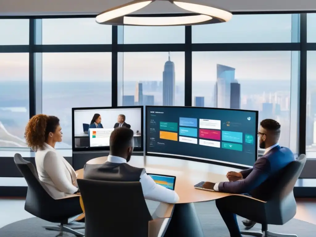 Reunión de ventas con software CRM y Slack: ¡equipo dinámico y enfocado! Un equipo de ventas se reúne en una videoconferencia, usando Slack y CRM