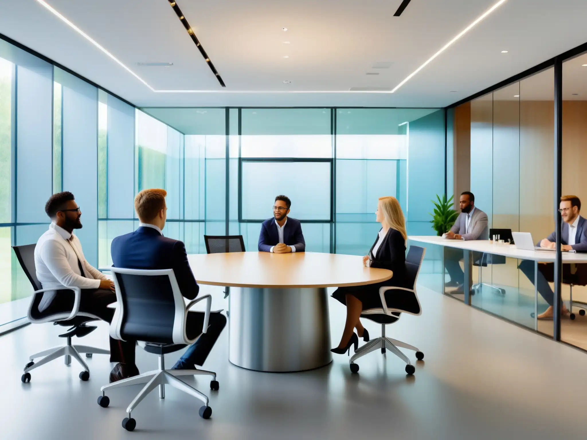 Reunión de equipo colaborativo: productividad y entusiasmo Equipo colaborando en videoconferencia con entusiasmo, en una sala moderna llena de luz natural, promoviendo Metodologías Ágiles en Videoconferencias