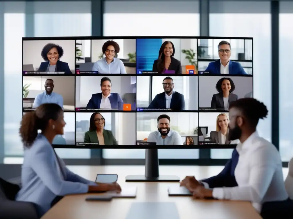 Reunión virtual eficiente con Microsoft Teams en oficina moderna Un equipo colaborando en una videoconferencia con Microsoft Teams, mejorando la productividad en reuniones virtuales