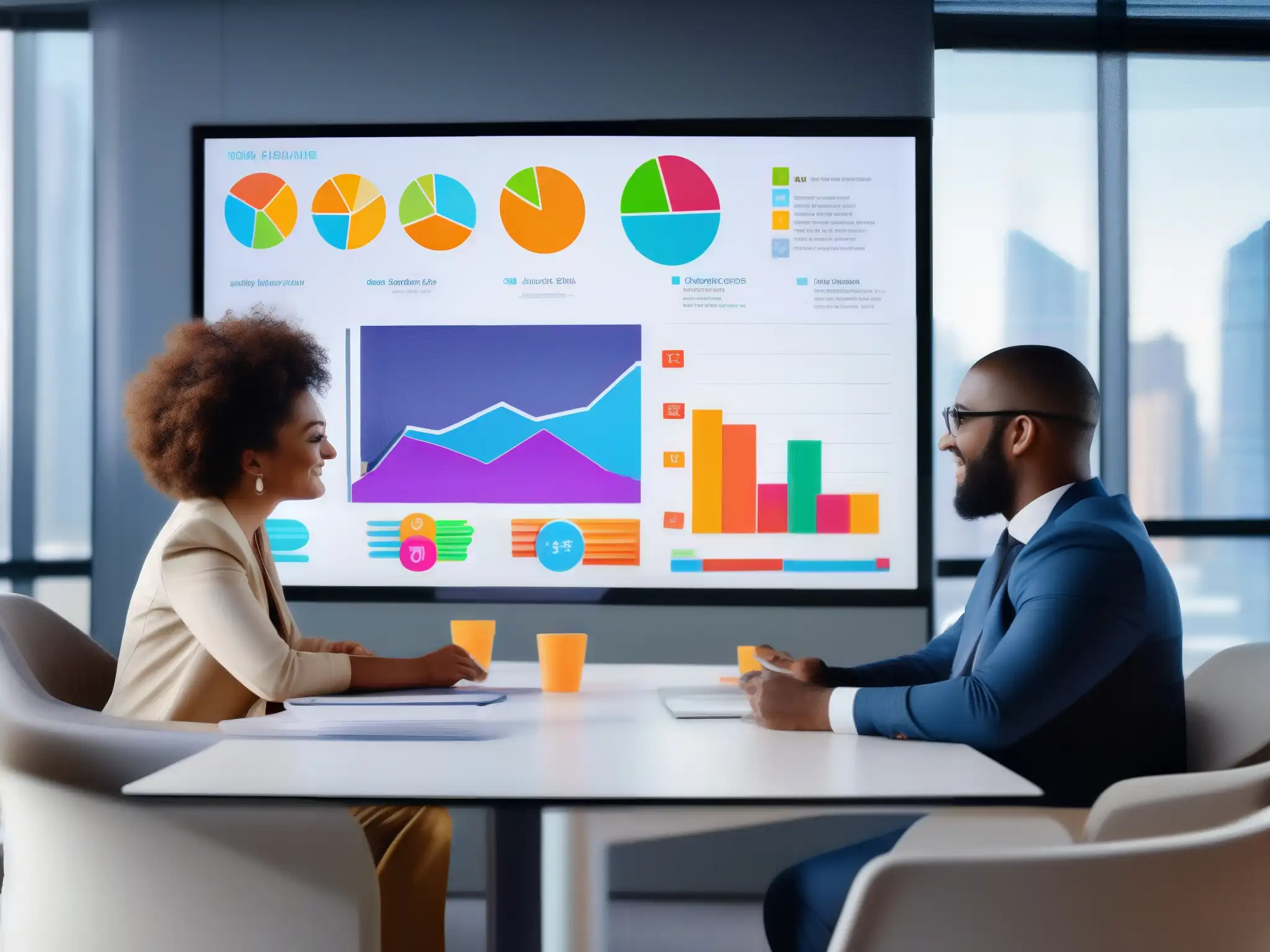 Reunión virtual de profesionales: colaboración dinámica Equipo virtual diverso colaborando en una sala de reuniones digital, con gráficos coloridos y notas adhesivas