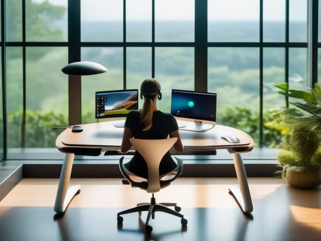 Oficina ergonómica con vista a jardín zen Configuración ergonómica para videoconferencia: Espacio de trabajo tranquilo y productivo con tecnología moderna y postura relajada