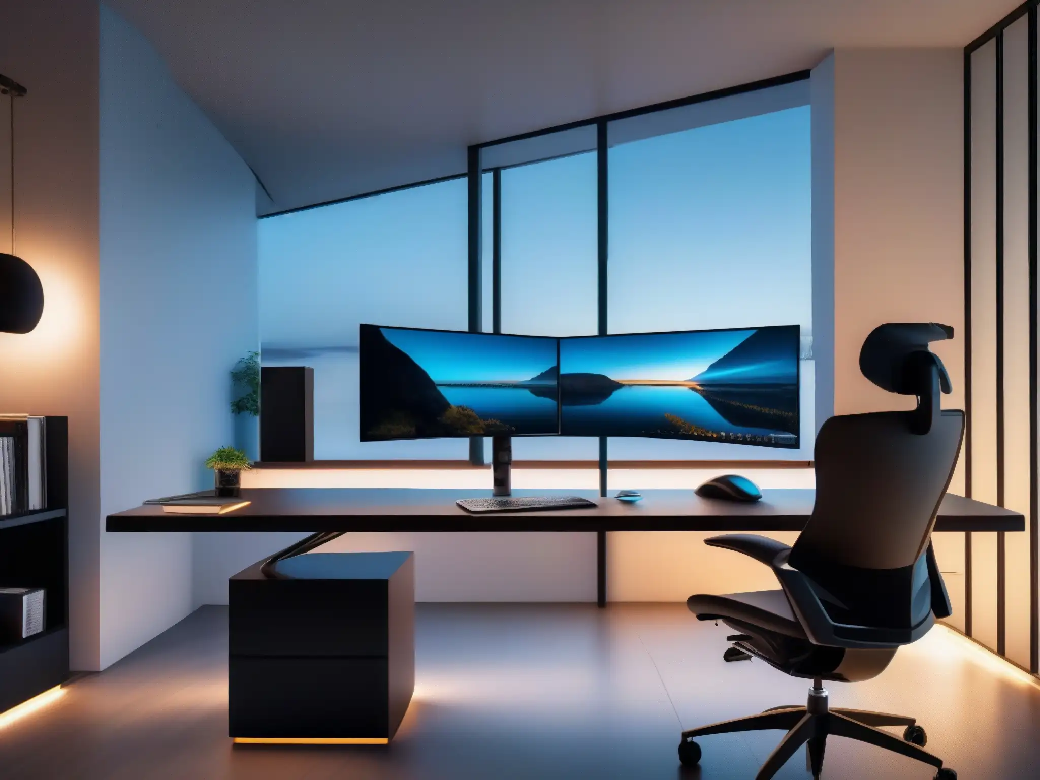 Oficina en casa ergonómica: 8k Resolución Configuración ergonómica para videoconferencia en moderna oficina en casa con silla, escritorio ajustable, monitores duales y luces estratégicamente colocadas