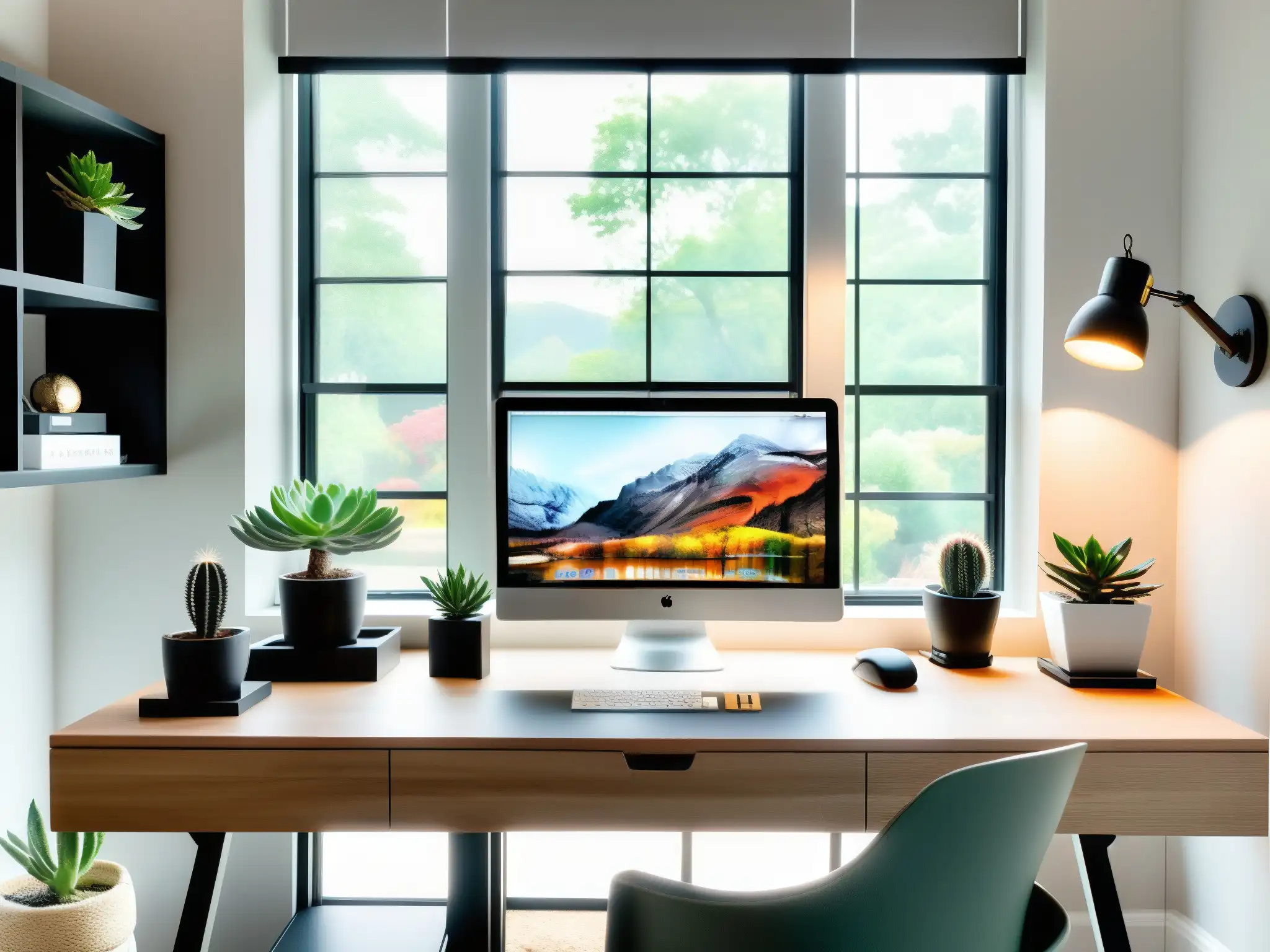 Oficina en casa moderna y acogedora con escritorio ergonómico y luz natural Configuración ergonómica para videoconferencia en un moderno y acogedor espacio de trabajo en casa con luz natural y toques de calidez