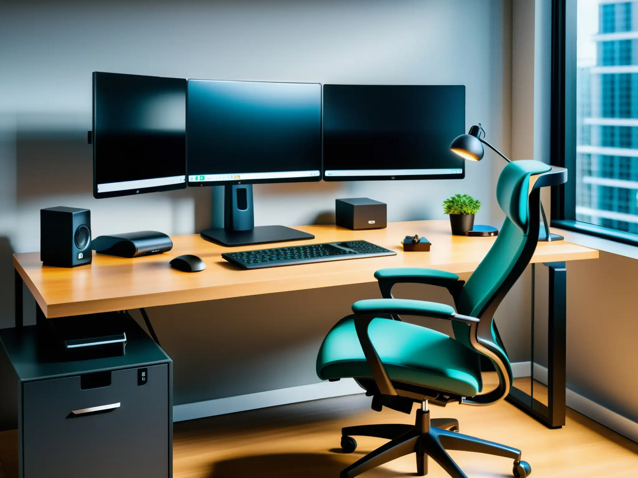 Oficina en casa ergonómica y productiva con elegante mobiliario Configuración ergonómica para videoconferencia en un moderno y acogedor espacio de trabajo en casa, con mobiliario ergonómico y detalles naturales