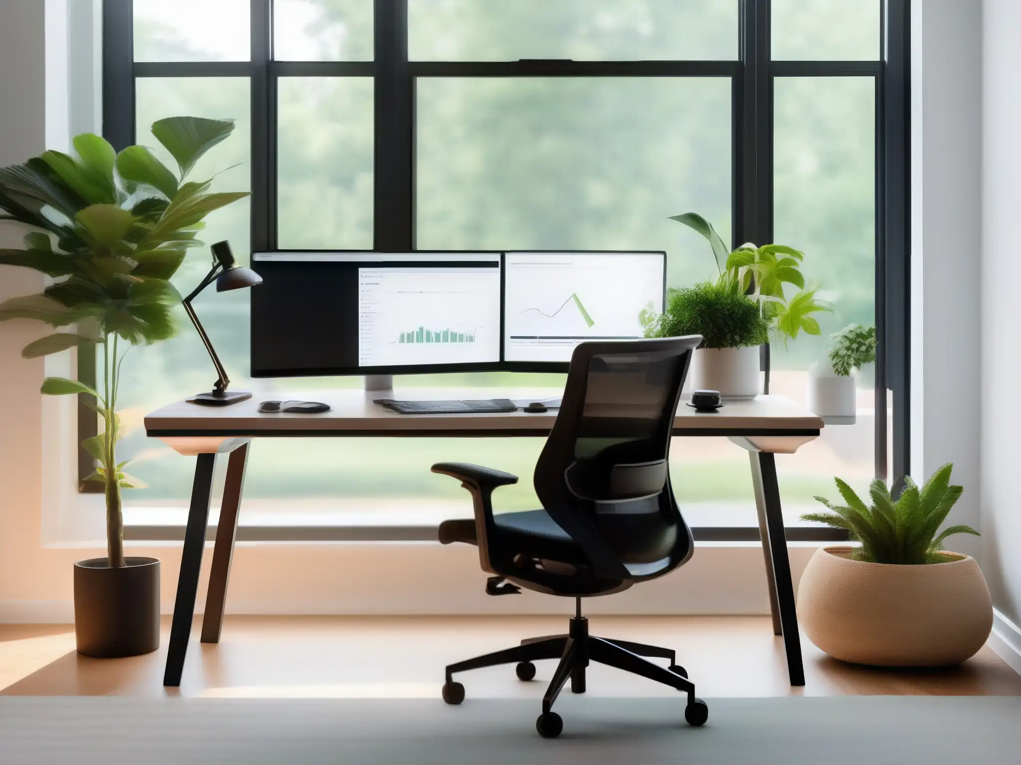 Oficina en casa ergonómica y moderna con doble monitor y luz natural 'Configuración ergonómica para videoconferencia en un moderno y elegante espacio de trabajo en casa con detalles verdes y accesorios minimalistas