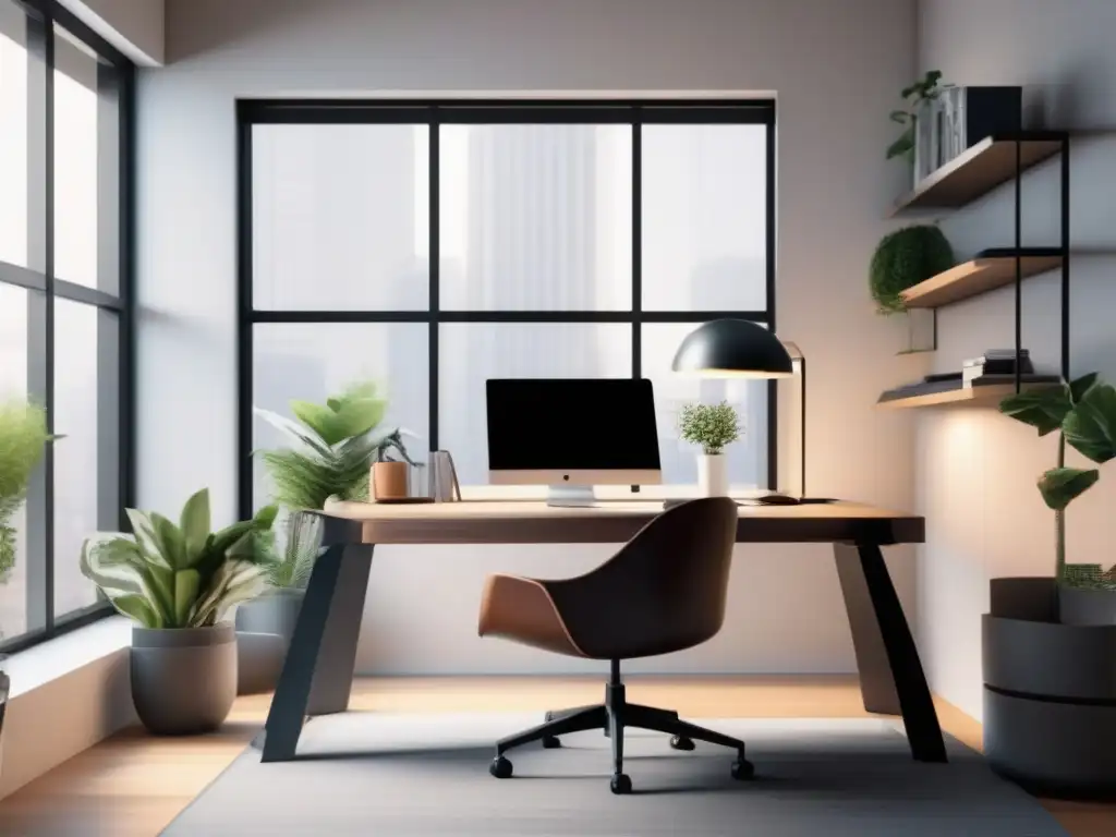 Oficina en casa minimalista con escritorio curvo y silla ergonómica Configuración ergonómica para videoconferencia en un moderno y elegante espacio de trabajo en casa con una atmósfera tranquila y acogedora