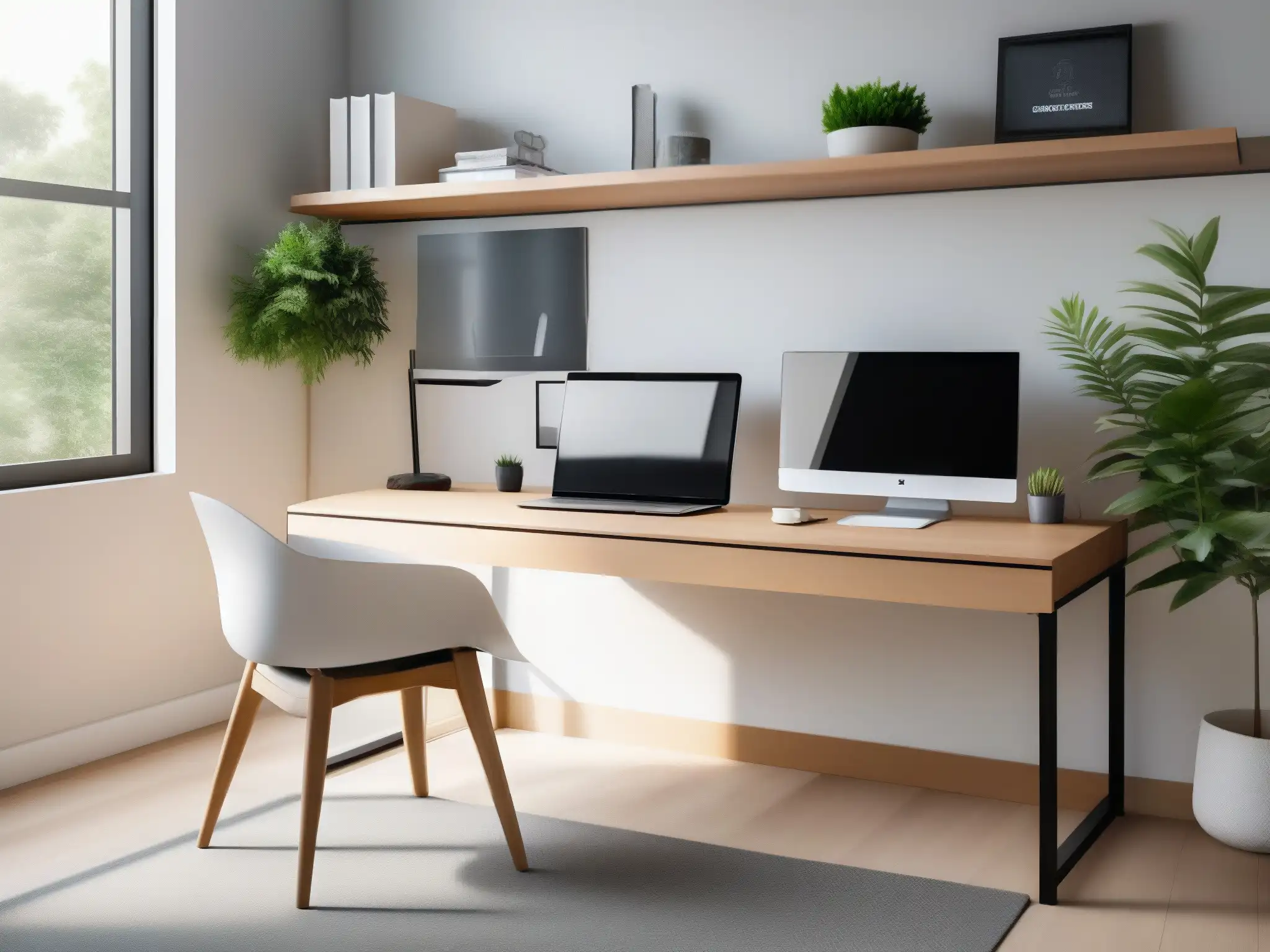 Oficina en casa minimalista y luminosa con estación de trabajo moderna Configuración ergonómica para videoconferencia en un moderno y luminoso espacio de oficina en casa con escritorio minimalista, plantas y luz natural