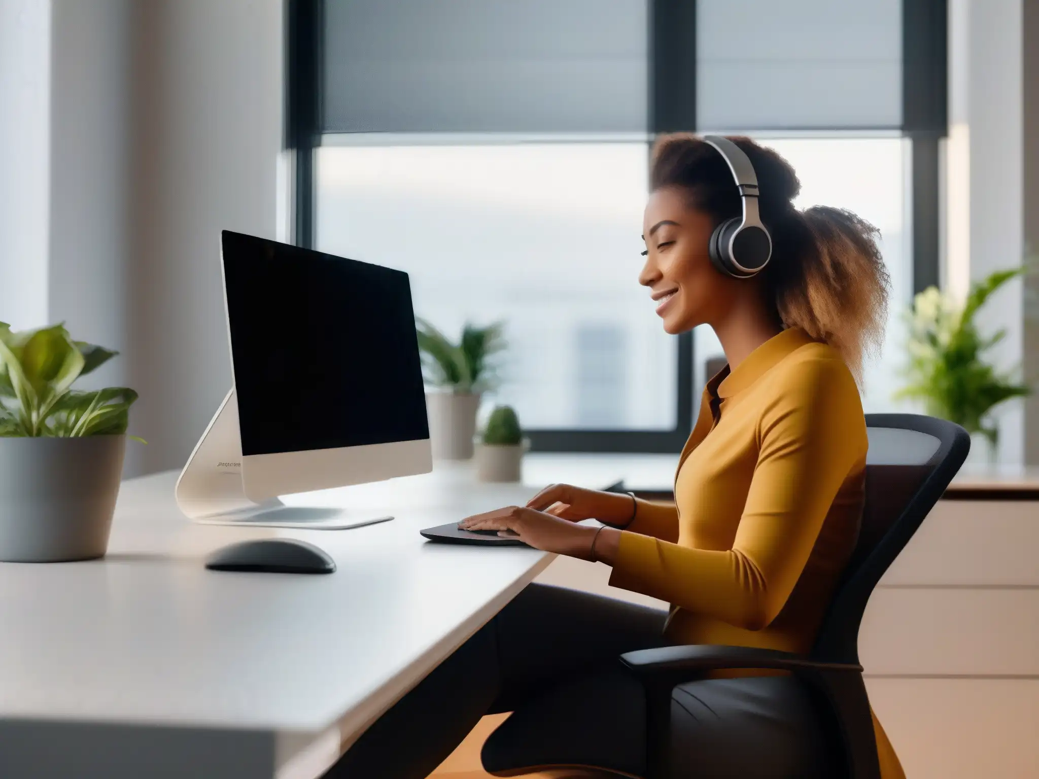 Oficina en casa ergonómica y productiva con luz natural y plantas Configuración ergonómica para videoconferencia: Oficina moderna con silla ergonómica, escritorio ajustable, monitores duales y plantas