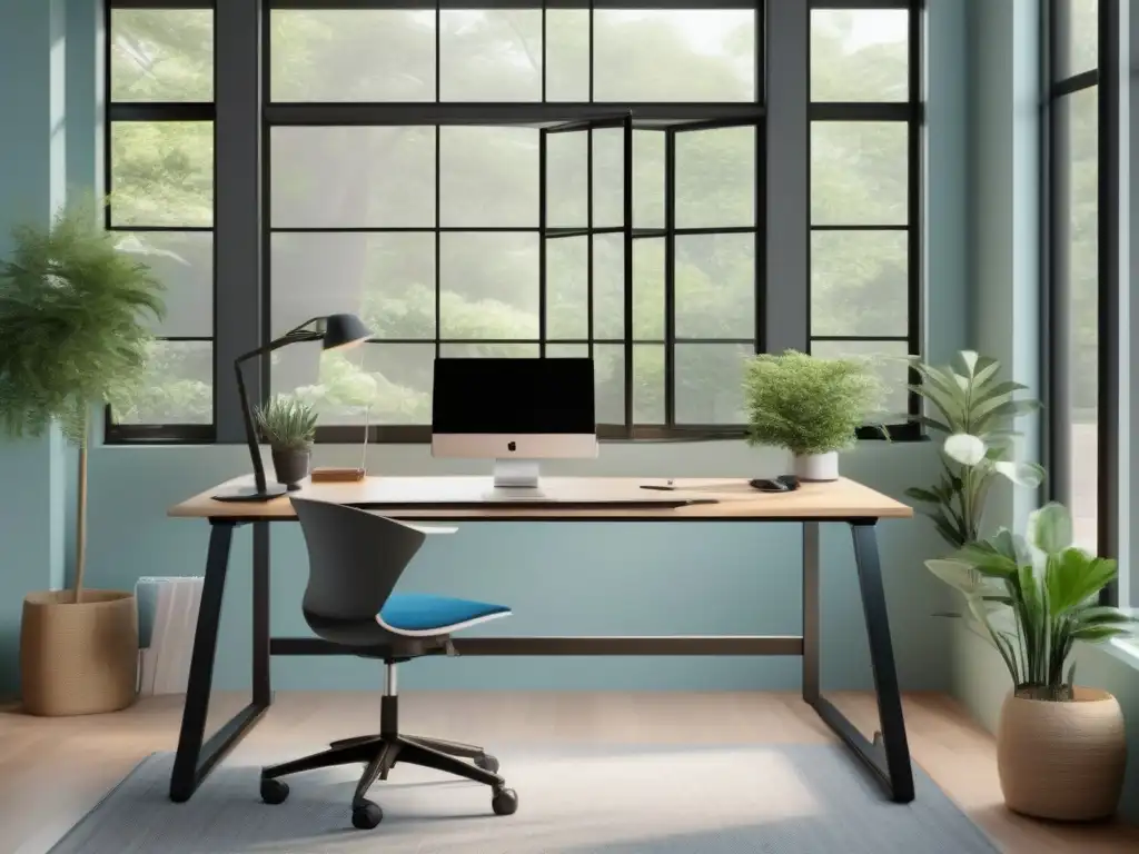 Oficina moderna y ordenada con escritorio ajustable y mobiliario ergonómico Configuración ergonómica para videoconferencia en una oficina moderna con luz natural y toques de naturaleza