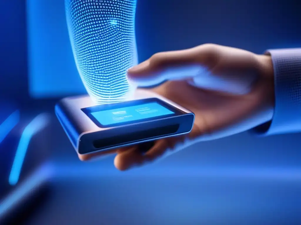 Escaneo biométrico de alta tecnología: mano detallada, luz azul Escaneo de mano en dispositivo biométrico de alta tecnología, en entorno futurista con seguridad en videoconferencias con realidad aumentada