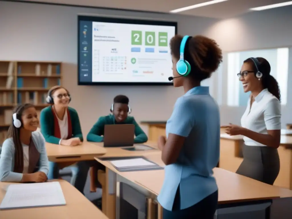 Clase virtual inmersiva con estudiante y profesor interactuando Una escena de aula en videoconferencia virtual con fondos virtuales y filtros, creando un ambiente inmersivo y moderno para el aprendizaje