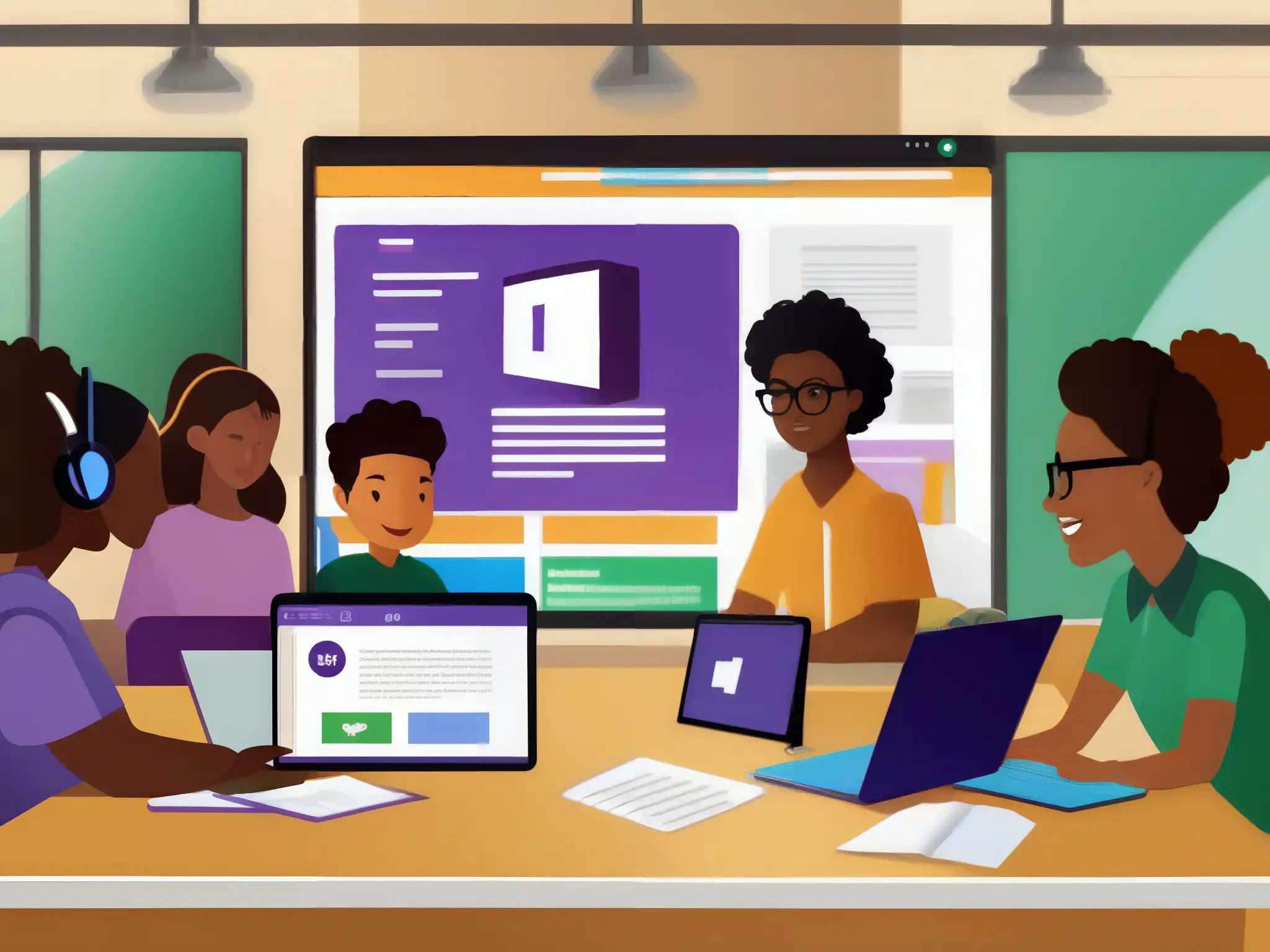 Clase interactiva con Microsoft Teams: aprendizaje dinámico Una escena dinámica y vibrante en un aula, muestra funciones esenciales de Microsoft Teams para maestros y estudiantes