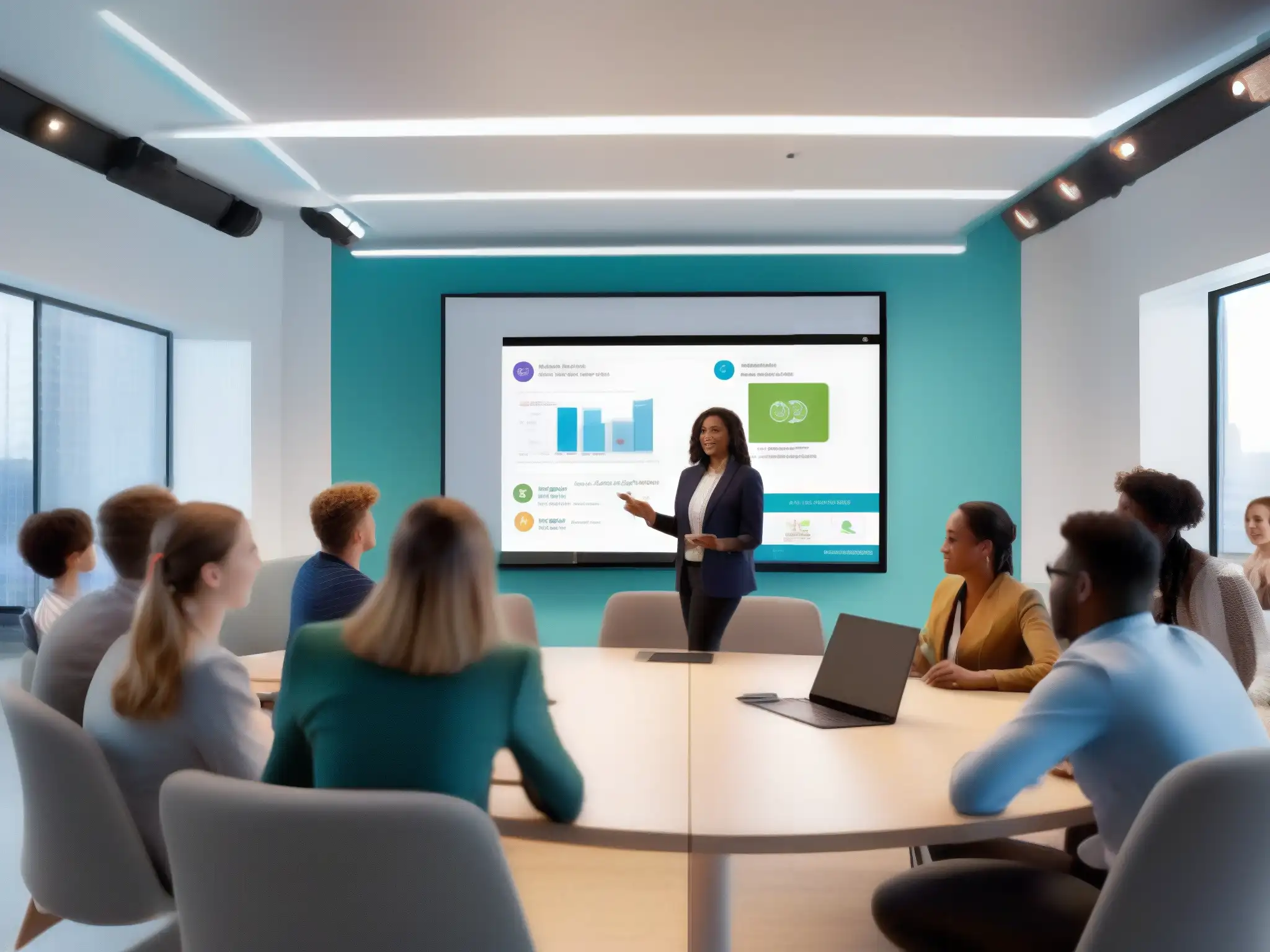 Clase virtual interactiva con Webex: Futuro educativo Una escena futurista de aula virtual con estudiantes participando en una animada discusión, conectados a través de la plataforma Webex