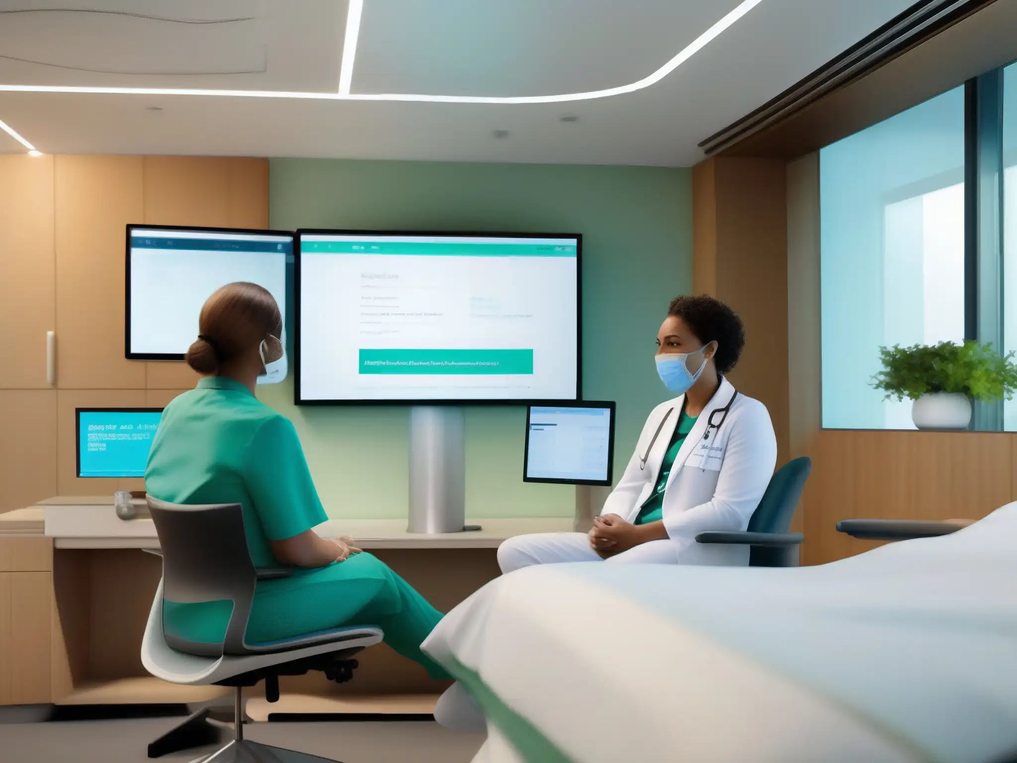 Webex en el Hospital: Innovación Digital en la Atención Médica Escena hospitalaria moderna con profesionales de salud utilizando Webex para transformación digital en el sector salud