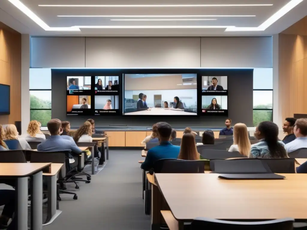Integración perfecta: Aula moderna con videoconferencia Escena moderna de aula con integraciones LMS para videoconferencia, destacando la interacción tecnológica y participación estudiantil