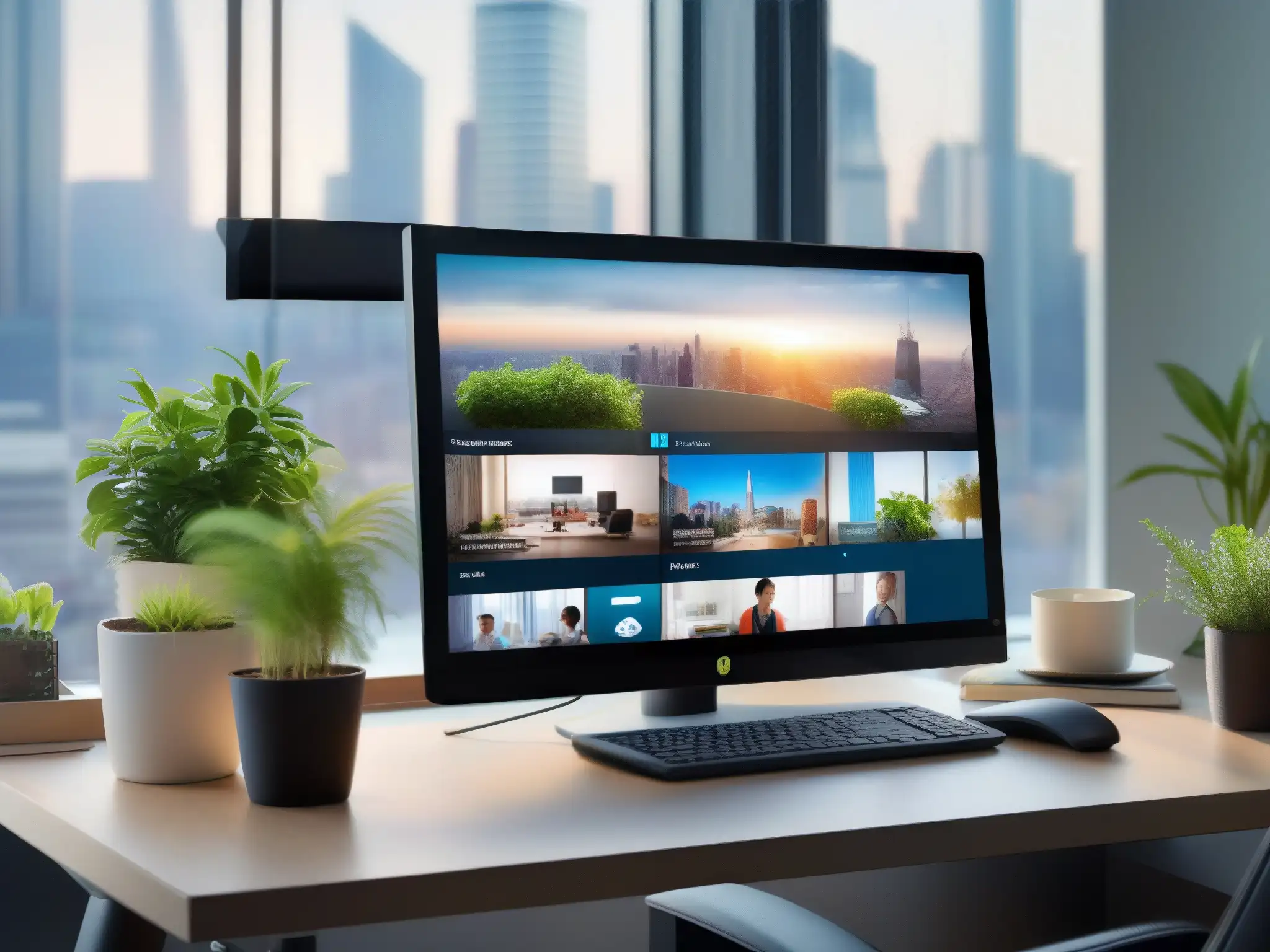 Oficina moderna con Skype for Business Escena moderna de oficina con Rendimiento de Skype para Negocios en PyMEs, ciudad en el fondo, persona enfocada en video llamada