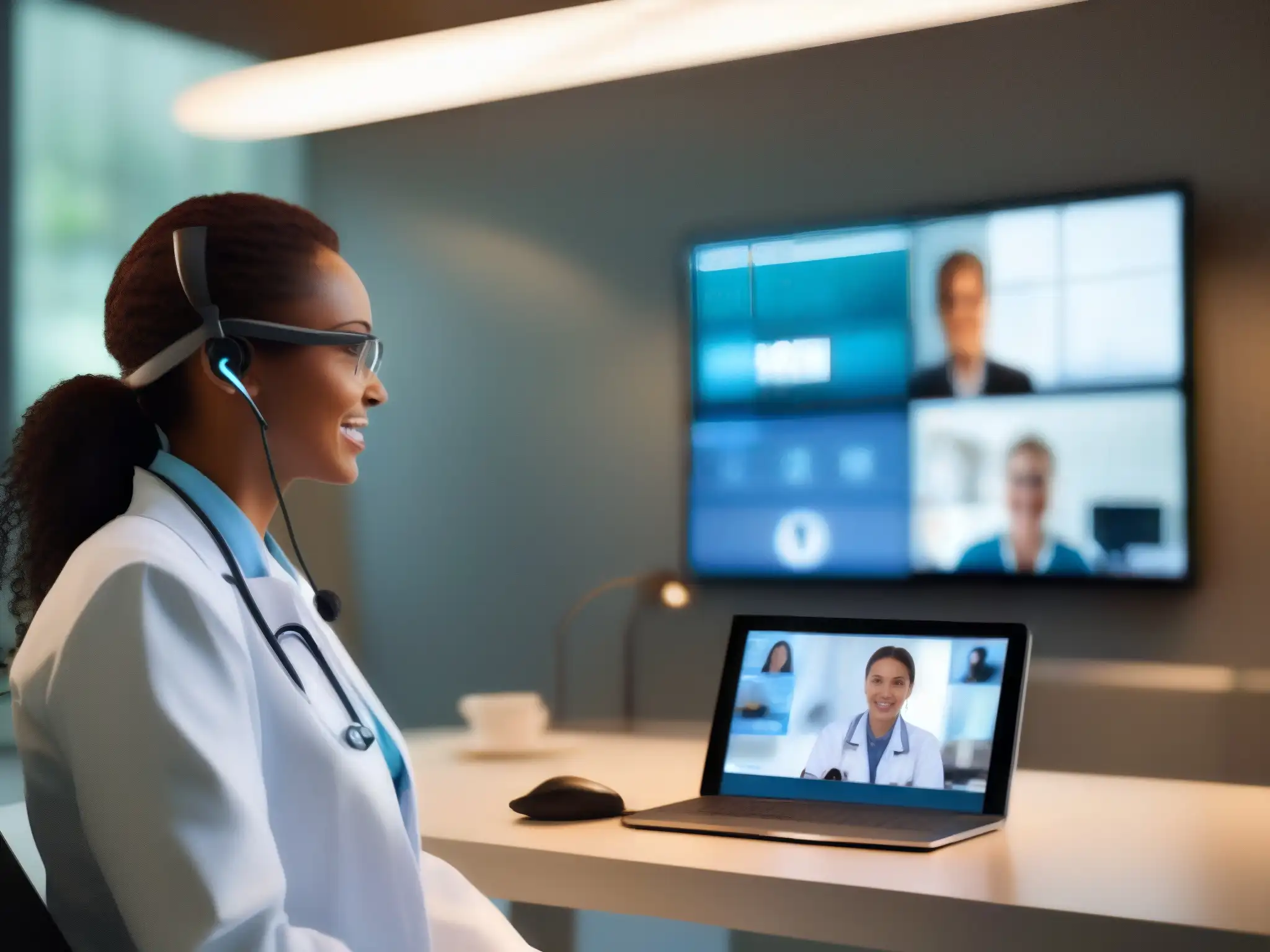 Telemedicina avanzada: Consulta médica virtual con Pexip Una escena moderna de telemedicina con herramientas de videoconferencia para telemedicina