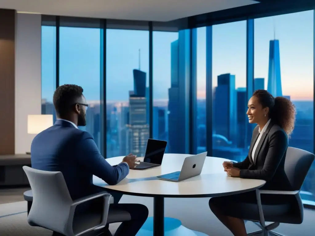 Entrevista profesional en oficina moderna con Microsoft Teams Escena profesional de entrevista en línea con Microsoft Teams