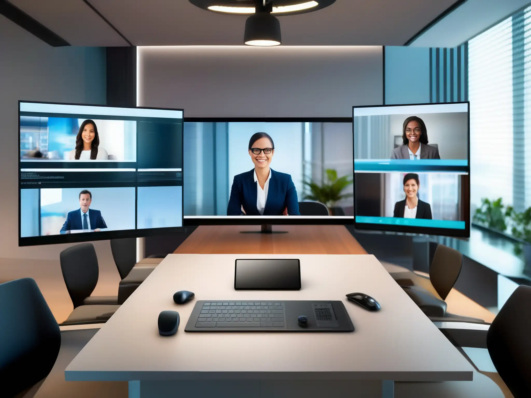 Setup de videoconferencia profesional Una escena profesional y sofisticada de videoconferencia en diversos dispositivos, con una estética minimalista y cálida