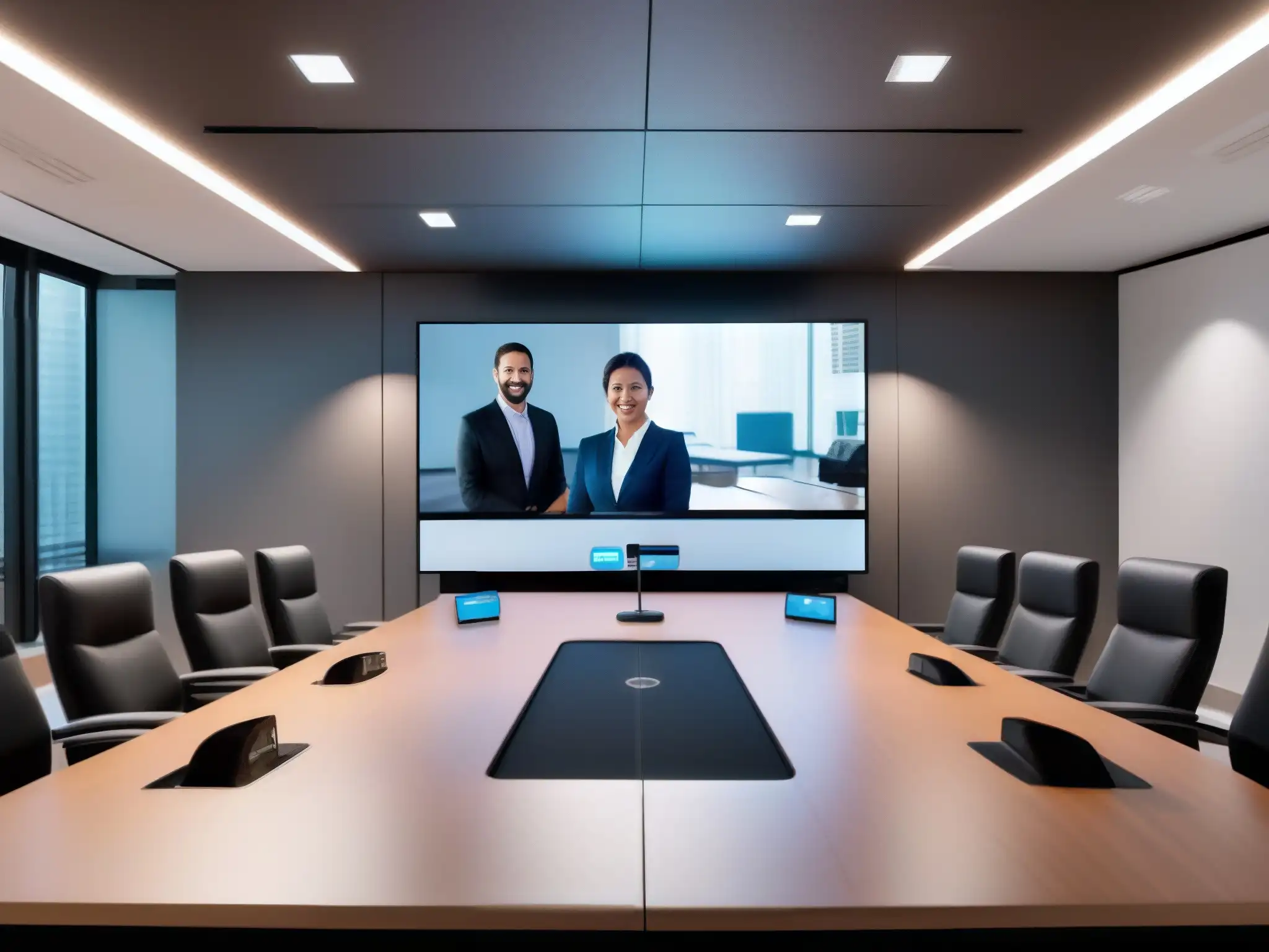Videoconferencia automatizada: productividad y diseño moderno Escena profesional de videoconferencia con automatización en videoconferencias profesionales, ambiente moderno y minimalista, reunión productiva