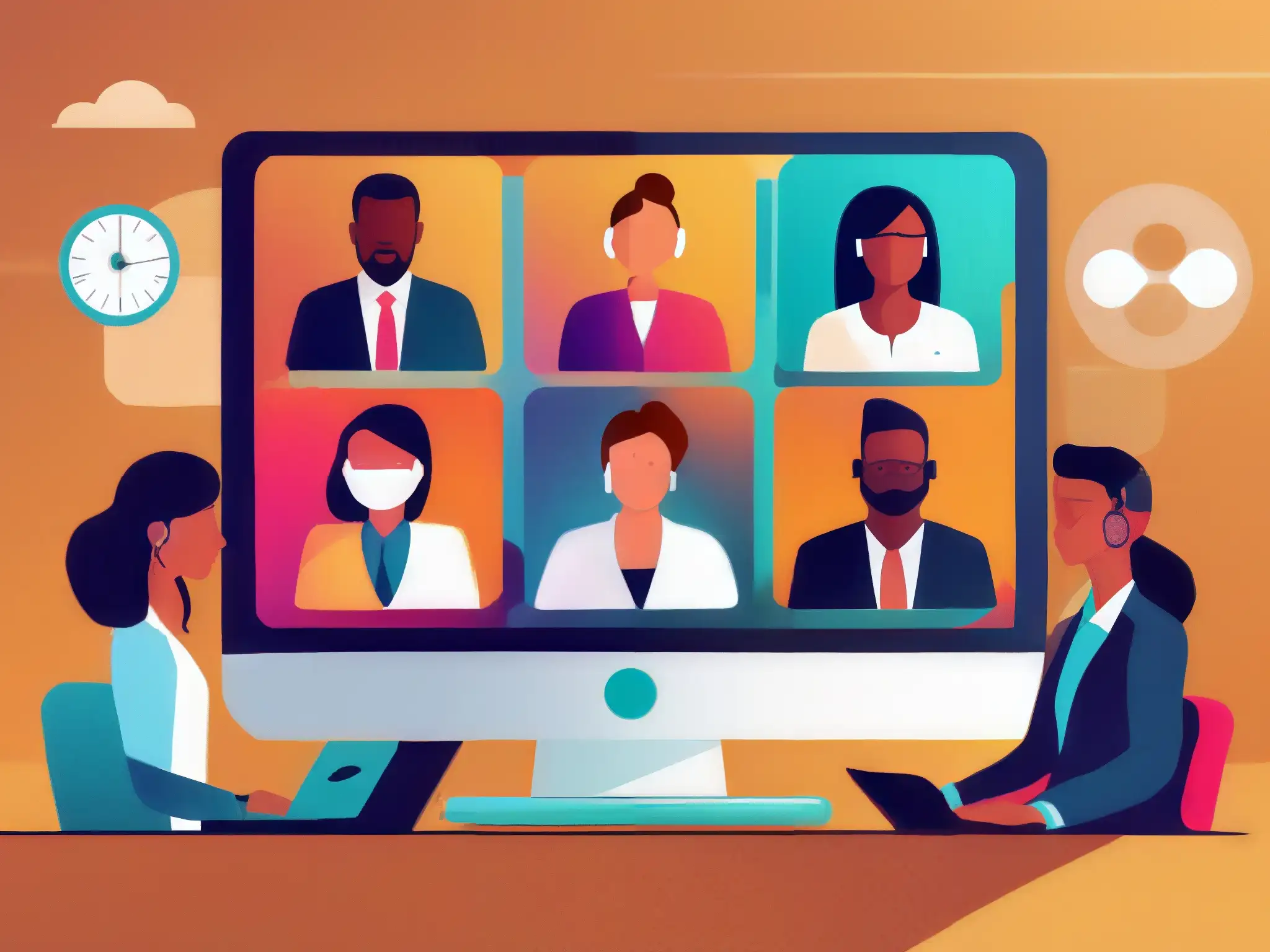 Reunión virtual profesional: seguridad y privacidad Escena de reunión virtual moderna y profesional con diversidad de participantes, transmitiendo privacidad en reuniones virtuales