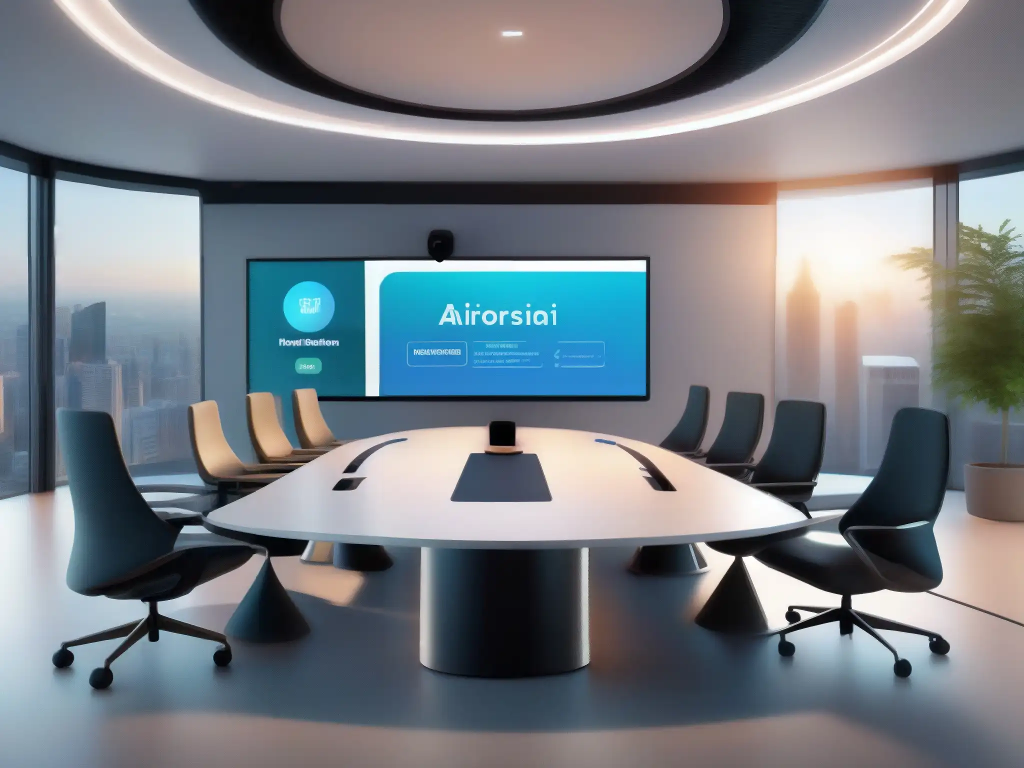 Videoconferencia futurista con asistente virtual AI en 8k Una escena de videoconferencia moderna con asistente virtual, promoviendo la productividad con IA en videoconferencias