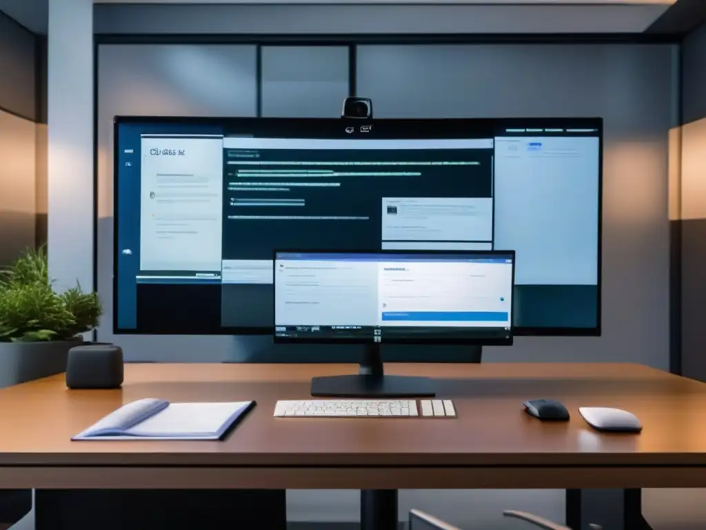 Entorno de videoconferencias profesionales con responsabilidad legal Escena de videoconferencia moderna con responsabilidad legal en filtraciones de datos