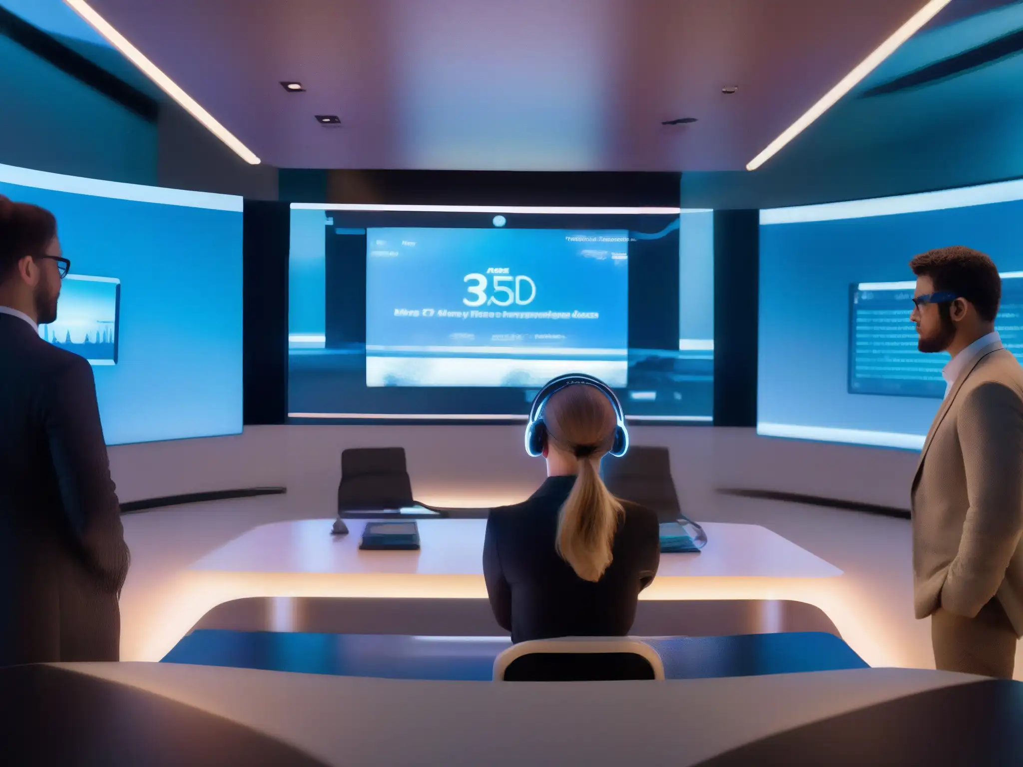 Videoconferencia AR: Inmersión Futurista Escena de videoconferencia profesional con realidad aumentada, tecnología vanguardista y ambiente sofisticado