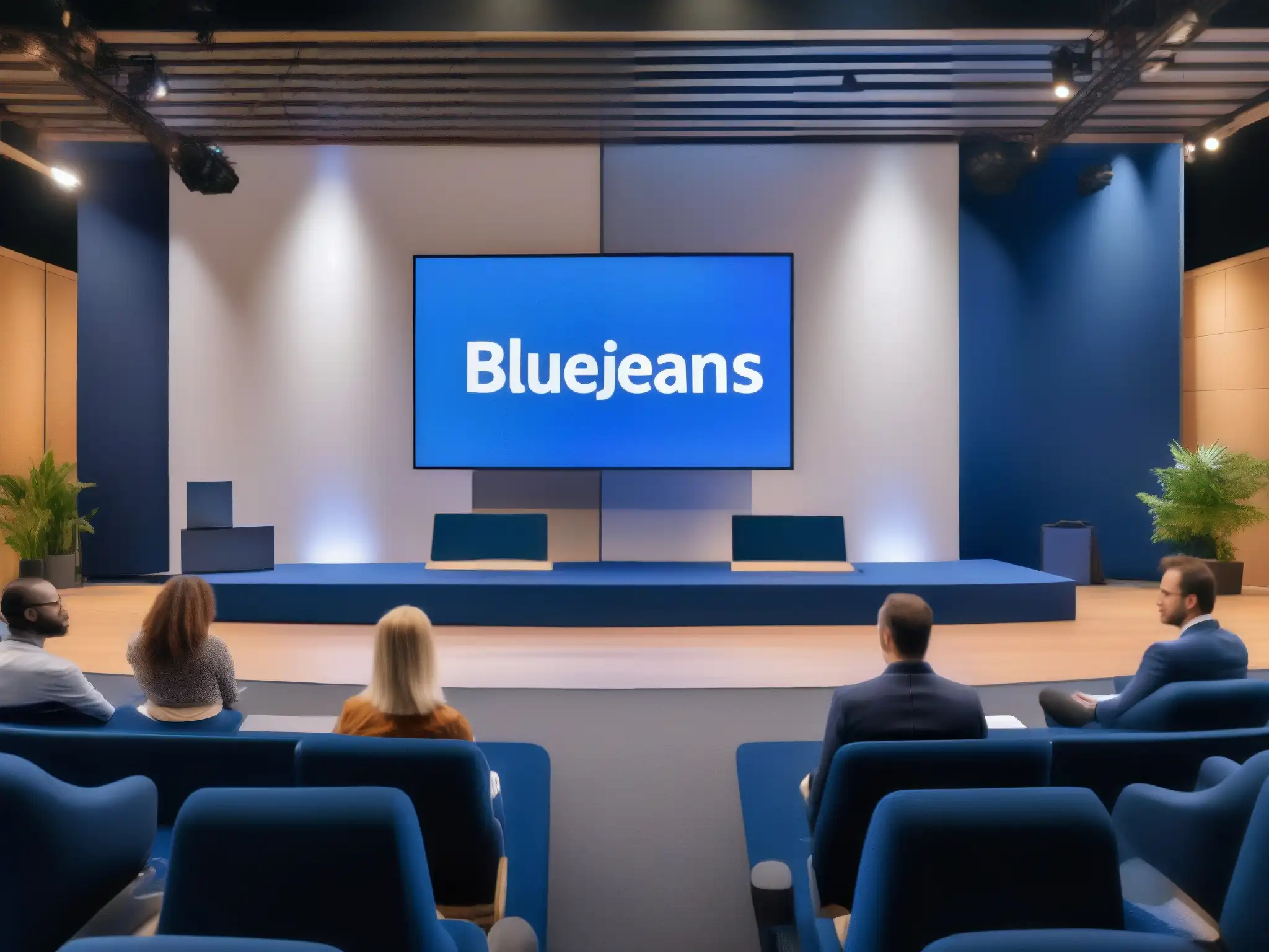 Escenario virtual de conferencia en BlueJeans: alto impacto Escenario de conferencia virtual de gran escala en BlueJeans, con panel de oradores, interacción del público y diseño profesional moderno