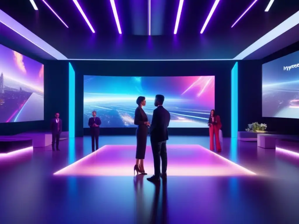 Espacio virtual futurista con hologramas y tecnología AI Escenario futurista de eventos virtuales con integración de IA, diseño moderno, tecnología avanzada y ambiente profesional y educativo