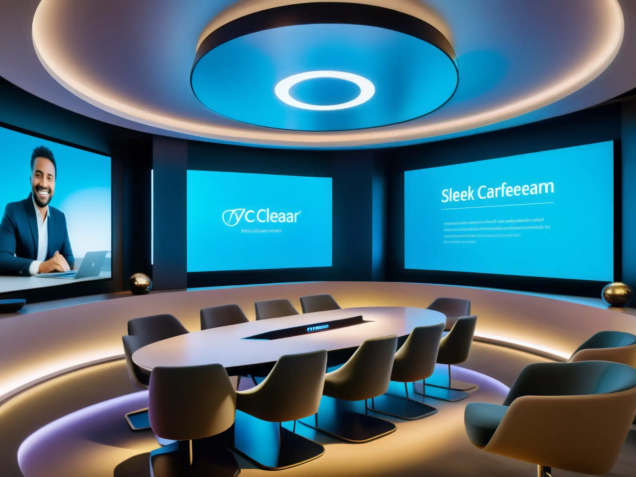 Salas de videoconferencias futuristas: inmersión global y sofisticación Escenario futurista de videoconferencia con tecnología de vanguardia y ambiente sofisticado