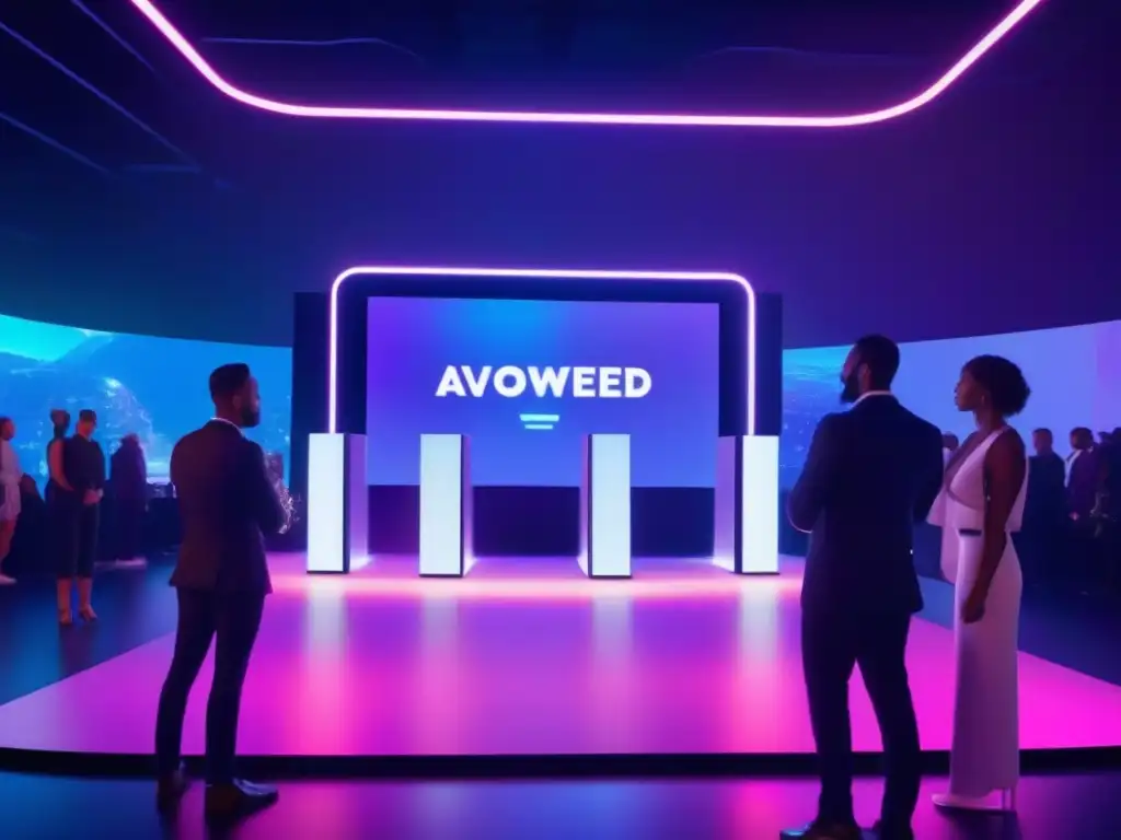 Evento virtual futurista con avatares AI en hologramas Escenario holográfico futurista con avatares IA en evento virtual, integración de IA para eventos virtuales en un entorno tecnológico de alta gama