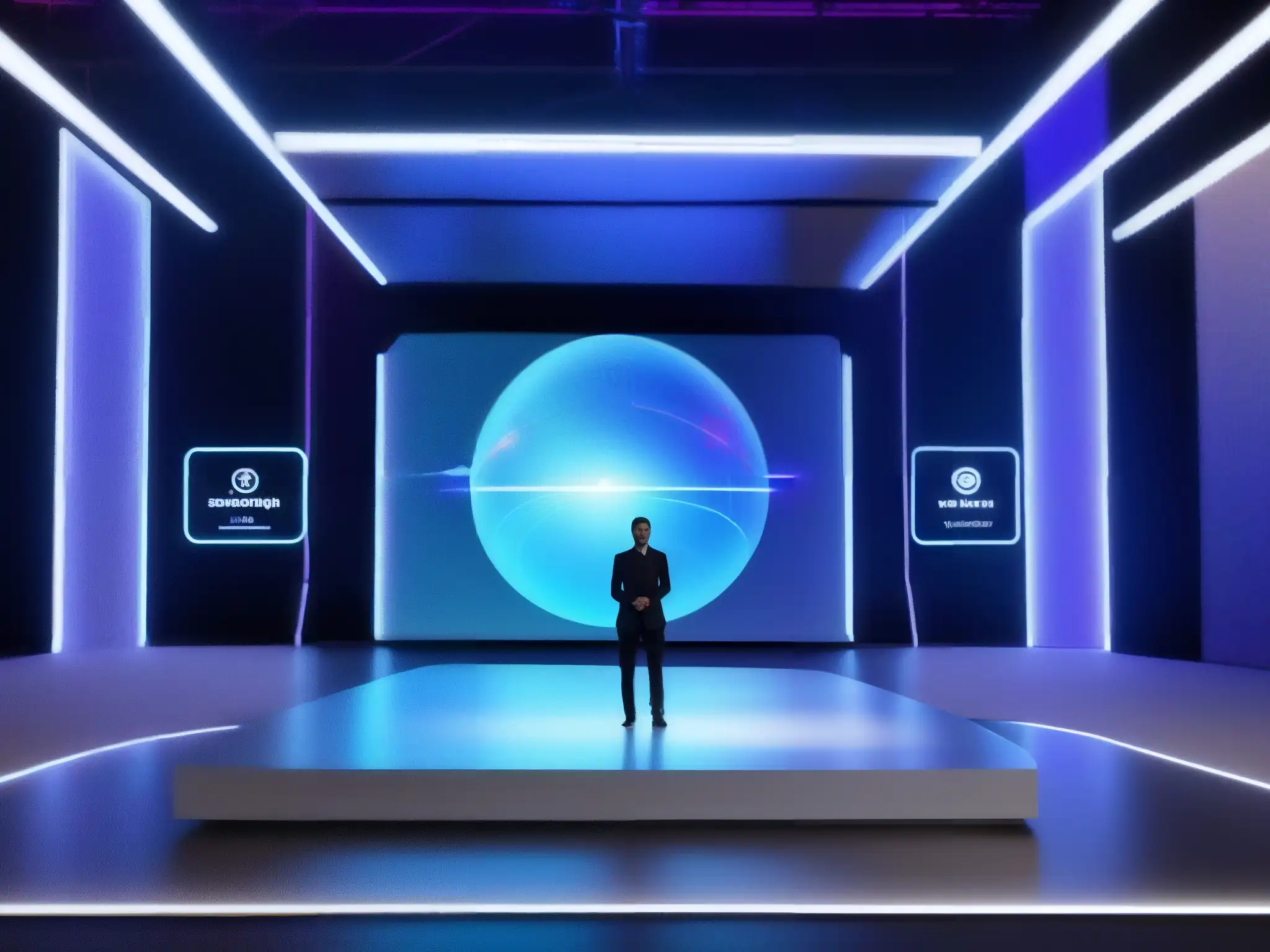Evento virtual futurista con inteligencia artificial Escenario holográfico futurista con integración de IA para eventos virtuales, avatares y visualización de datos en tiempo real