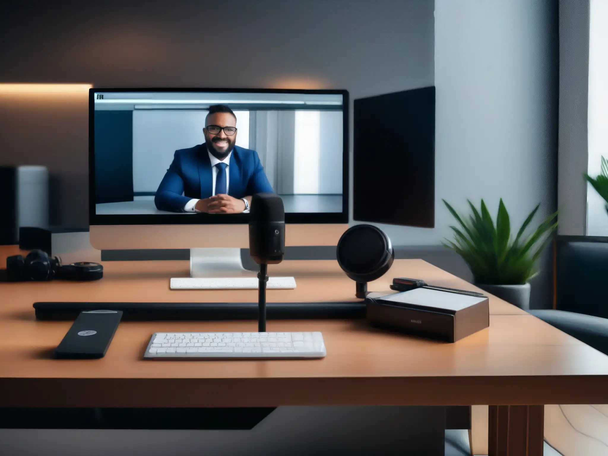 Configuración profesional para webinars: modernidad y preparación técnica Escenario profesional para seminarios web efectivos: moderno escritorio con computadora, micrófono y cámara, en una habitación bien iluminada