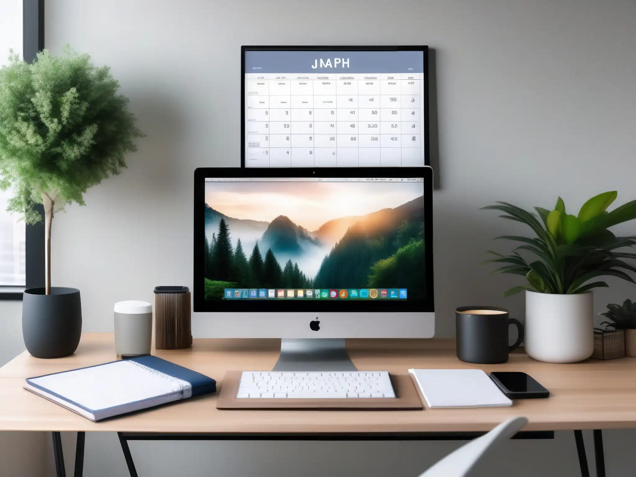 Escritorio de oficina moderno: organización y motivación Escritorio moderno con agenda eficiente para videoconferencias, orden y calma, bañado en luz natural