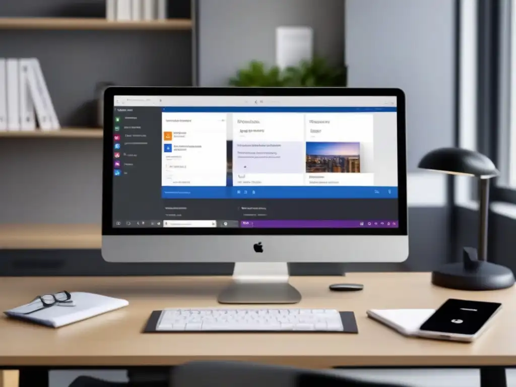 Oficina moderna con Microsoft Teams personalizado Un escritorio moderno con integración Microsoft Teams y Office 365, promoviendo colaboración y productividad en un ambiente profesional