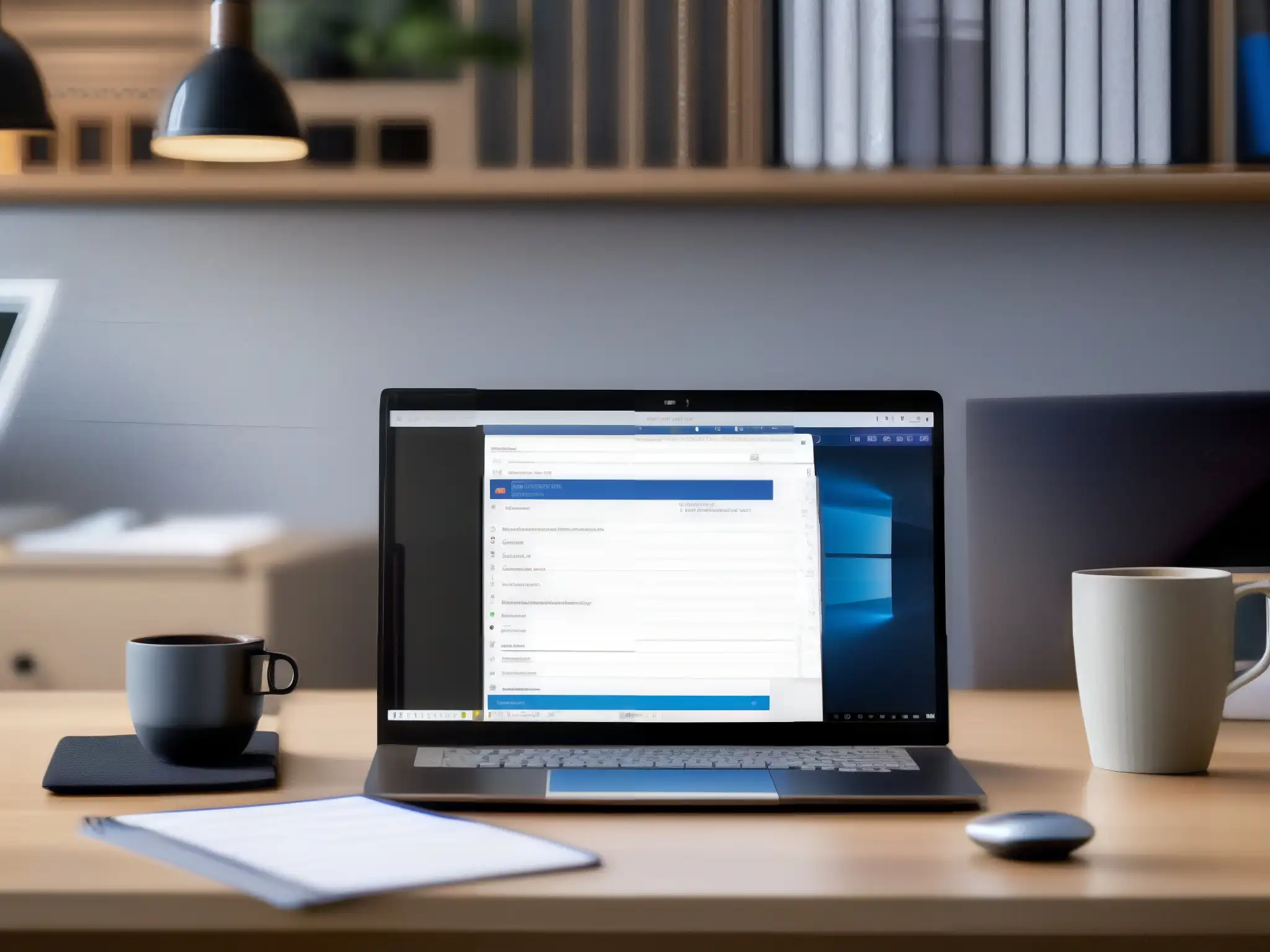 Oficina moderna con Trello y Microsoft Teams en laptop Un escritorio moderno con una computadora portátil mostrando las interfaces de Trello y Microsoft Teams, junto a una libreta, bolígrafo y taza de café